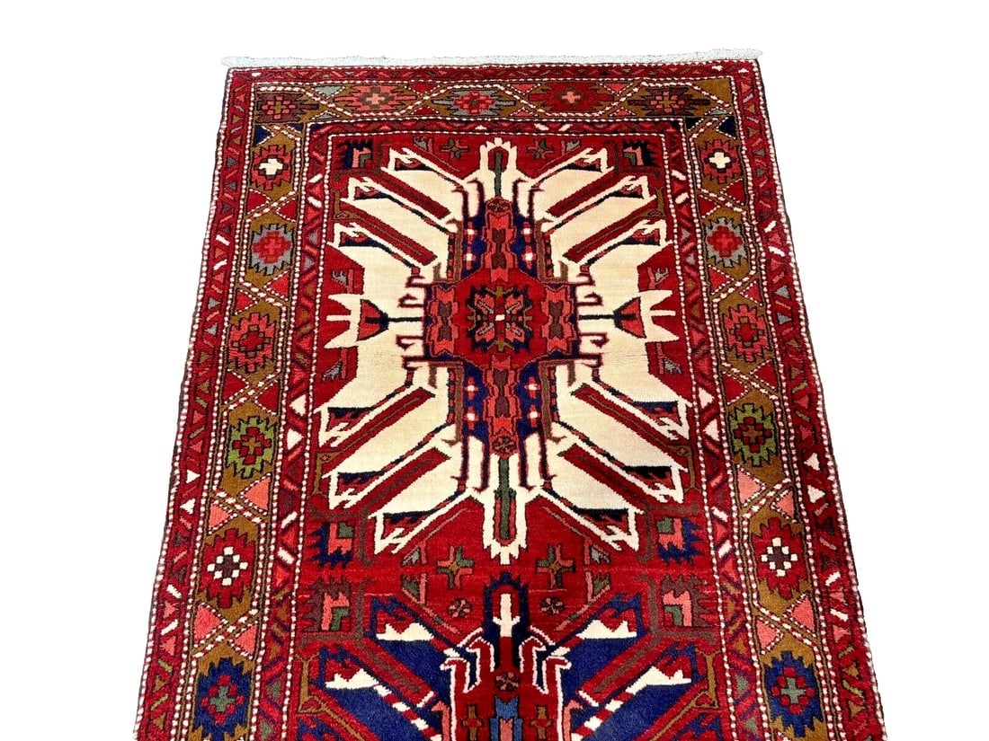 Hand-Knotted Karajeh Runner Red Wool Tribal Geometric Oriental Rug 3'7" x 9'8" - 5
