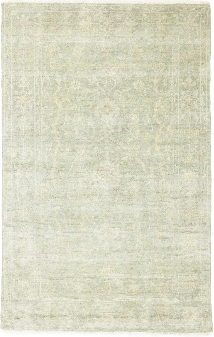 Muted Green Floral 4X6 Transitional Oriental Rug: Title: Muted Green Floral 4X6 Transitional Oriental Rug Description:Handmade 4X6 green oriental rug made with vegetable dyes (fine wool pile and cotton foundation), superior knot count, and appealing