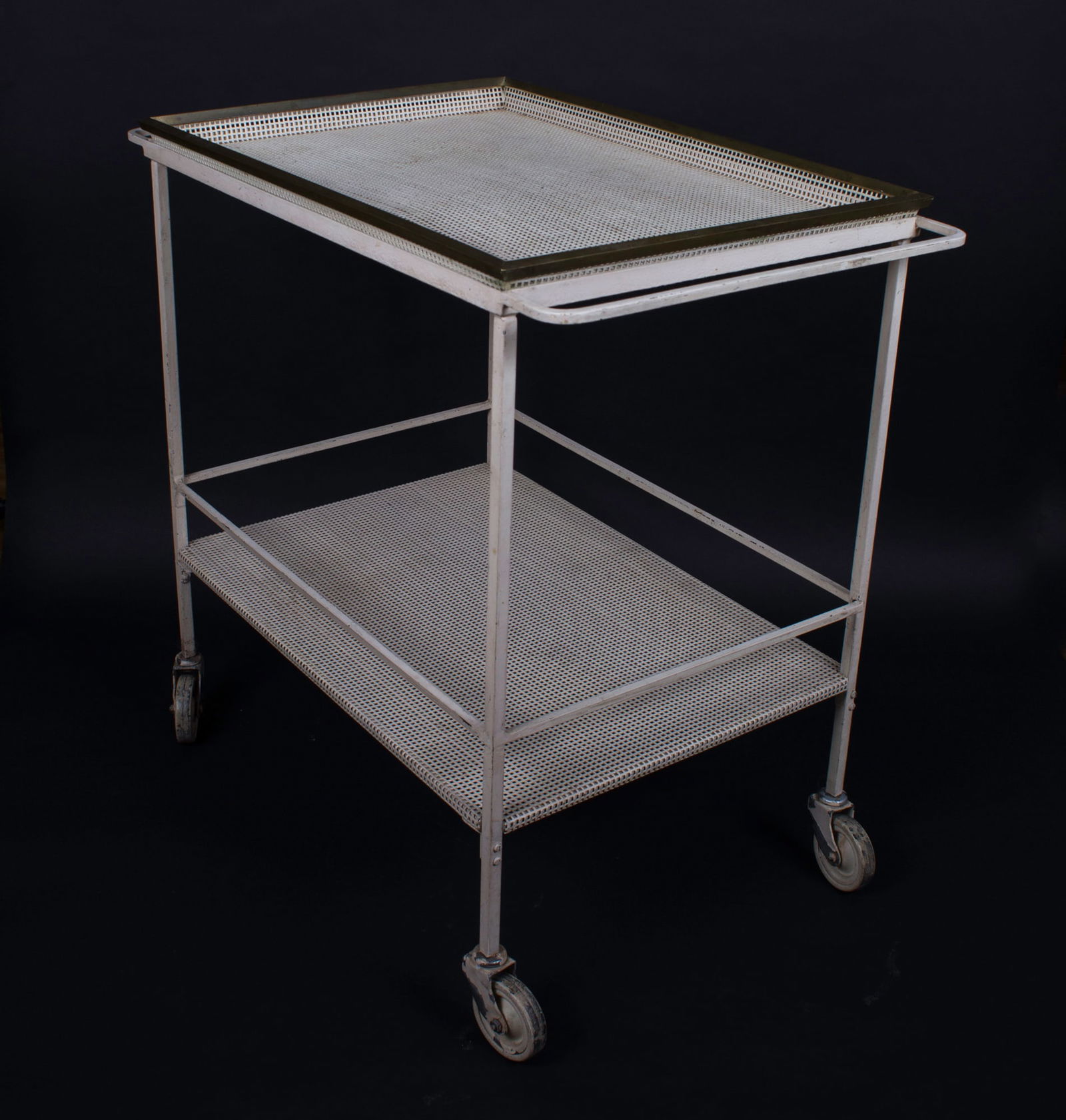 FRENCH MODERNIST white serving table MATEGOT Mid century: Title: FRENCH MODERNIST white serving table MATEGOT Mid century Description: Embark on a journey through French modernist design with this captivating trolley crafted in the 1950s by the legendary Mat