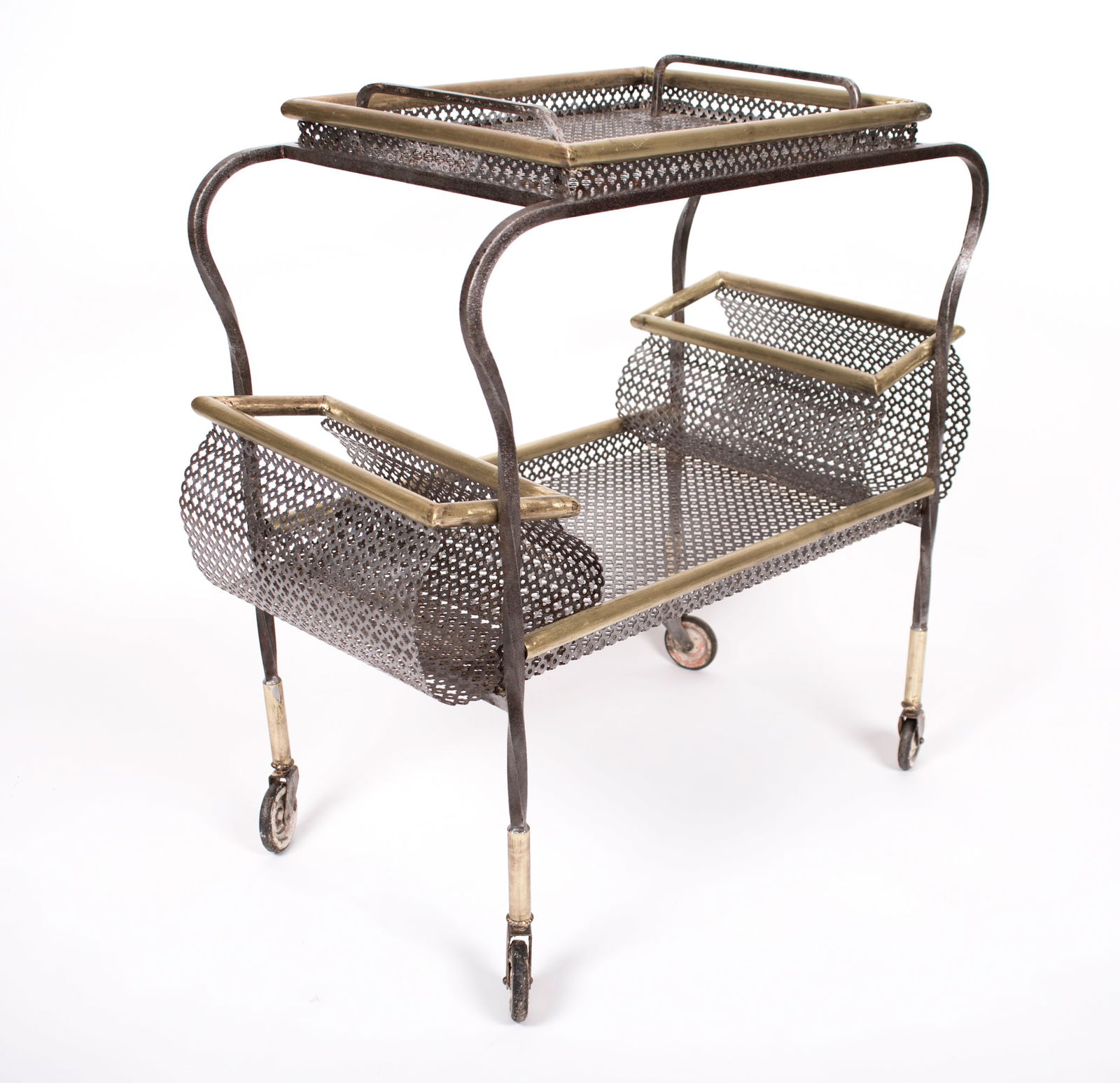 FRENCH MODERNIST trolley MATEGOT Mid century serving table r: Title: FRENCH MODERNIST trolley MATEGOT Mid century serving table r Description: Embark on a journey through French modernist design with this captivating trolley crafted in the 1950s by the legendary