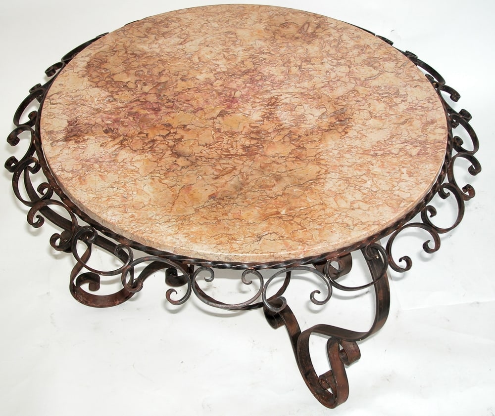 FRENCH ART DECO SIDE TABLE ROUGH IRON POILERAT: Title: FRENCH ART DECO SIDE TABLE ROUGH IRON POILERAT Description: Made in the early 1940's in France this piece has base motive which is reminding of POILERAT .Those are perfect next to a club chair