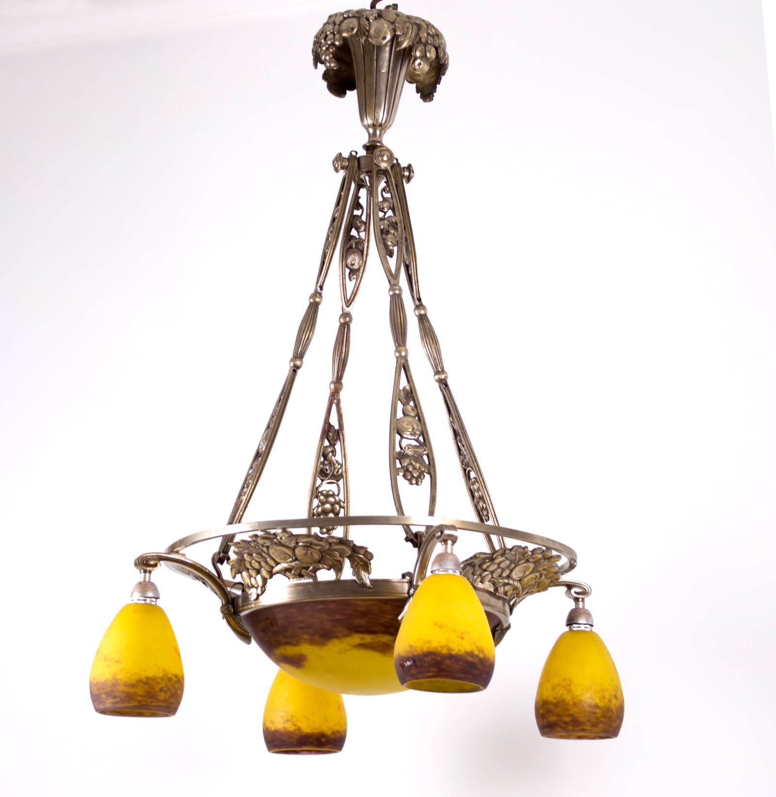 FRENCH Art-Deco Chandelier 4 lights Degue David Guéron brass frame (1 of 9)