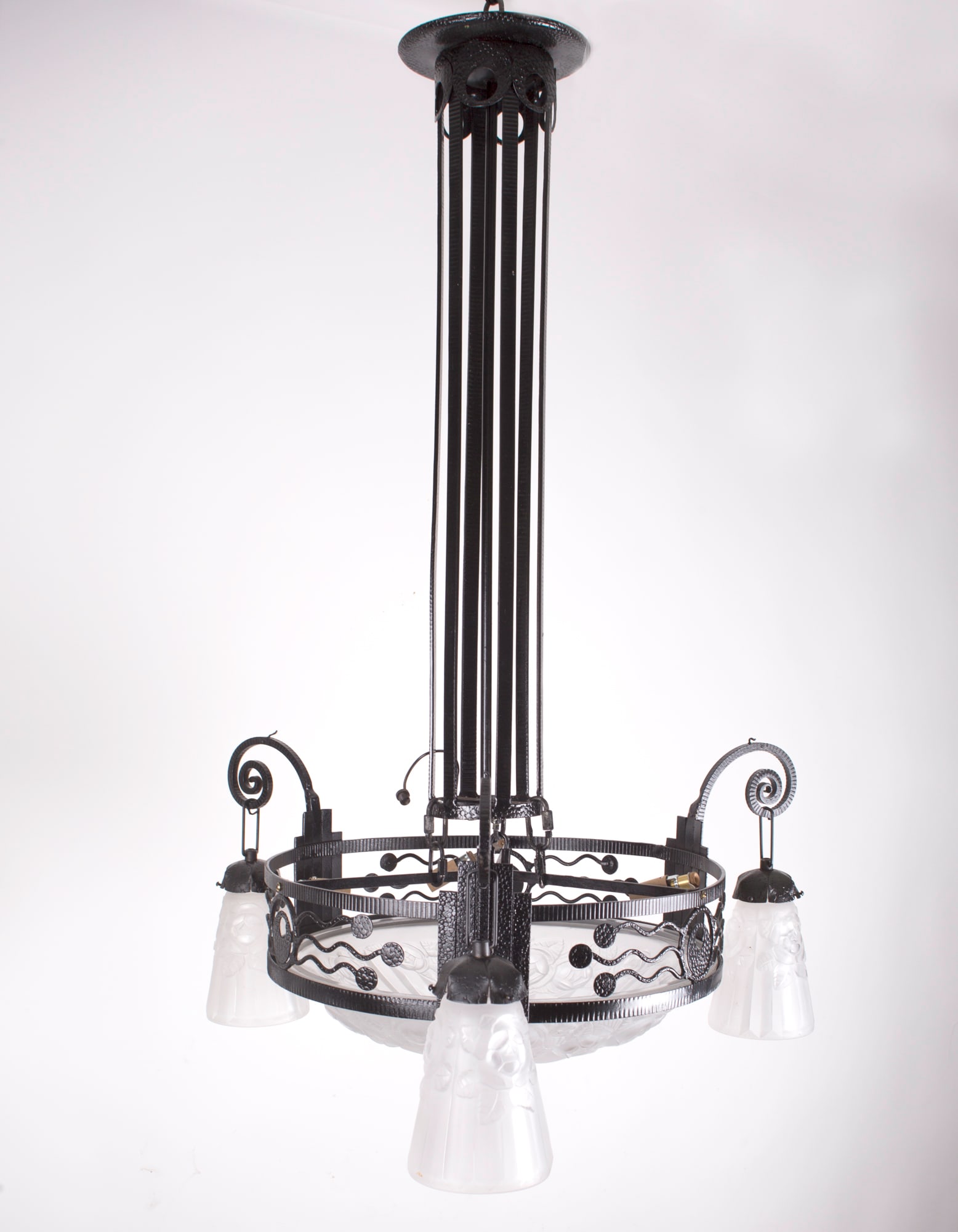 FRENCH Art-Deco Chandelier Degue David Guéron pressed glass: Title: FRENCH Art-Deco Chandelier Degue David Guéron pressed glass Description: Made in France in the late 1920's early 1930's, this chandelier is Signed Degue, hand sanded and etched after being