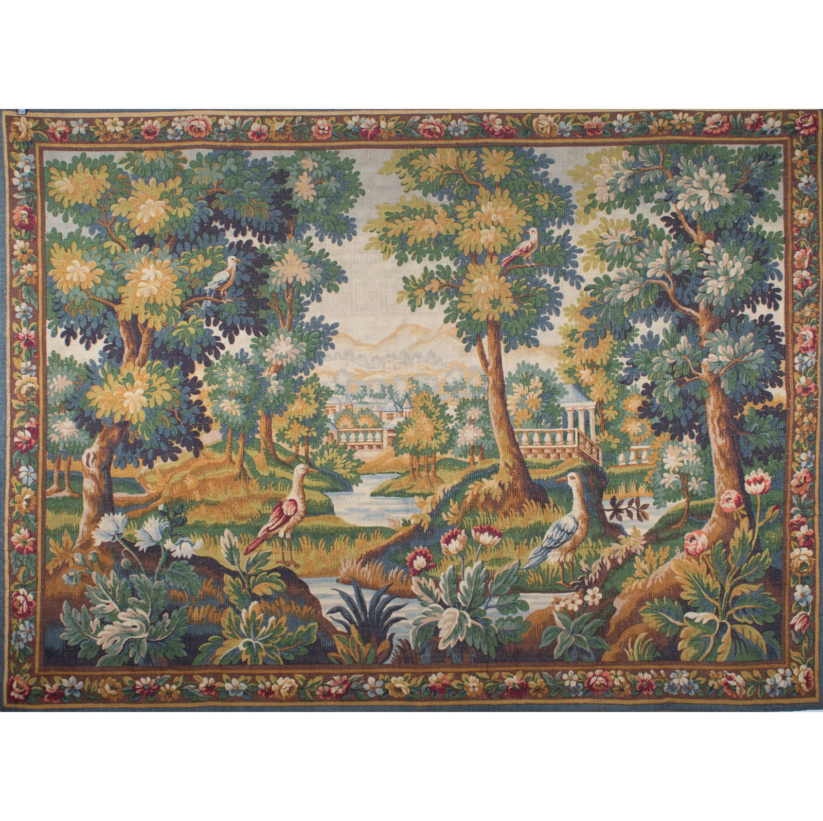 Large French verdure forest Aubusson: Title: Large French verdure forest Aubusson Description: This tapestry depicts a peaceful forest scene and is called a "Verdure" tapestry because it showcases lush foliage. These types of tapestries w