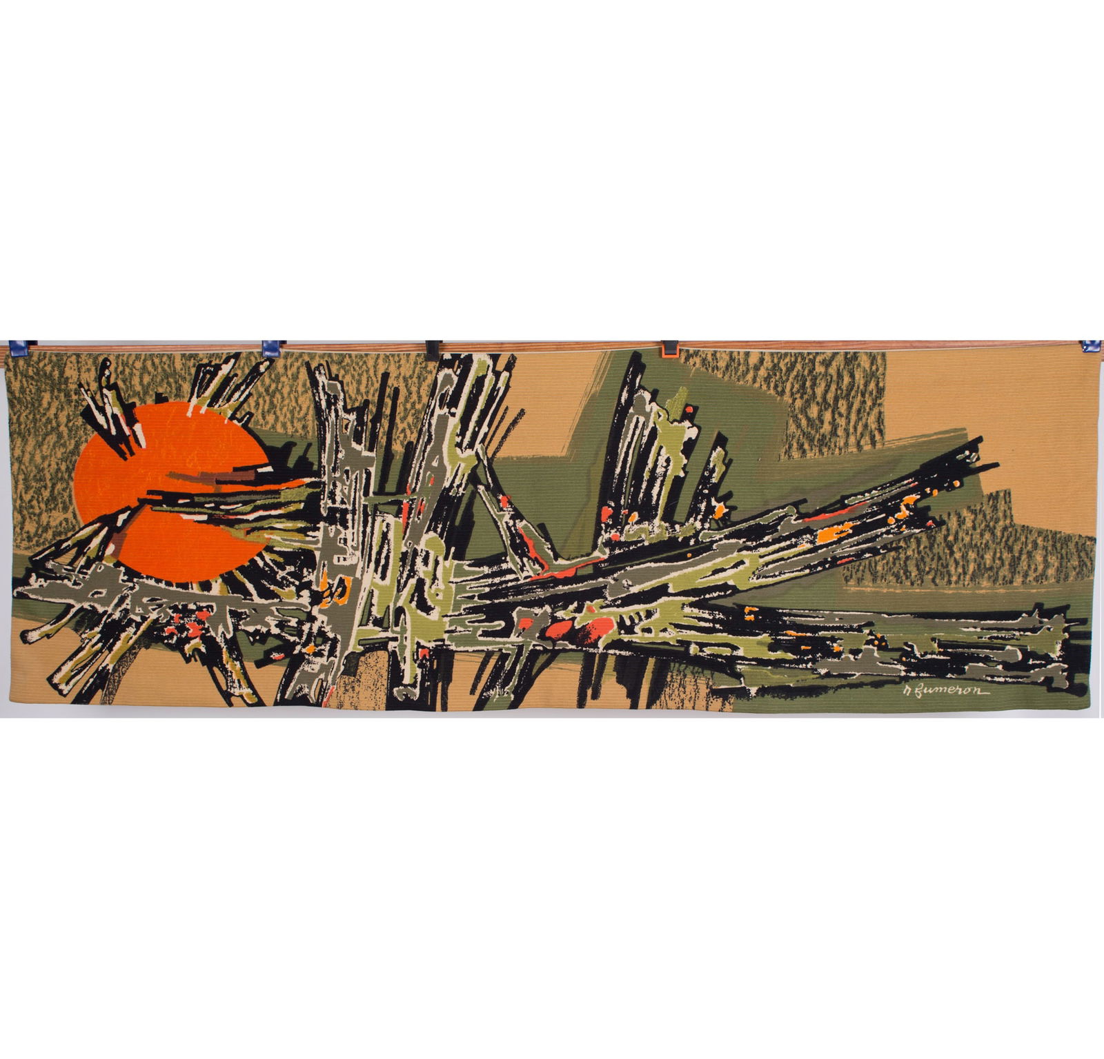 Long Fumeron tapestry Samourai wool fabric Robert Four signed: Title: Long Fumeron tapestry Samourai wool fabric Robert Four signed Description: Born on August 9, 1921 in Payroux, in southern Vienne, René Fumeron remains above all known for his tapestries.