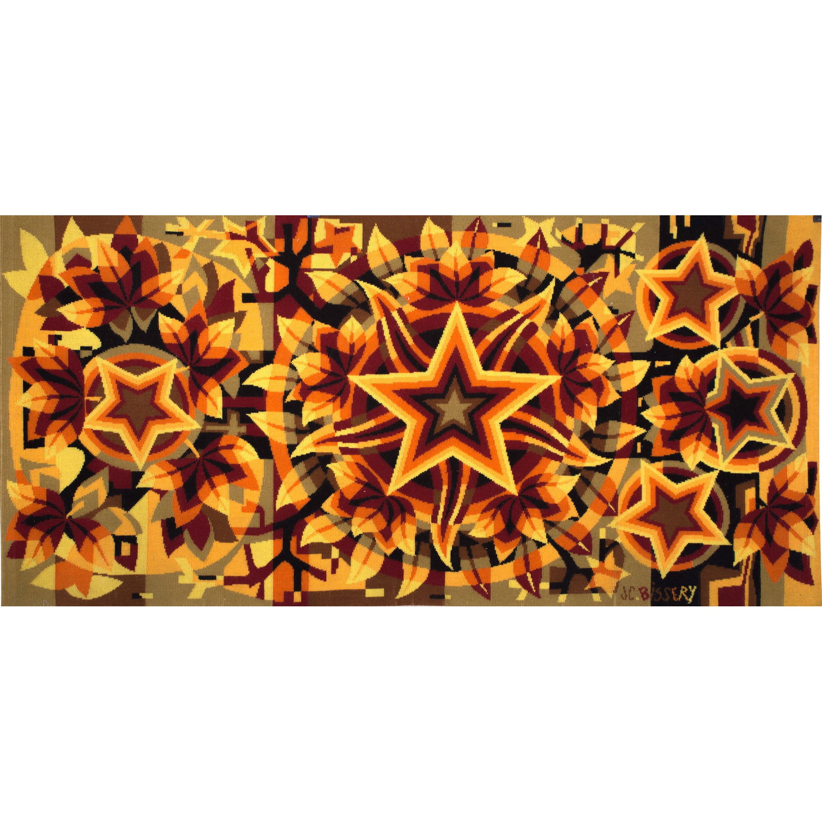 Bissery mid century wool tapestry modernist ""les etoiles " Stars: Title: Bissery mid century wool tapestry modernist ""les etoiles " Stars Description: JC BISSERY, editor J LAURENT editeur "les etoiles "( Stars ) dawn tapestry mecanical point, hand signed by the