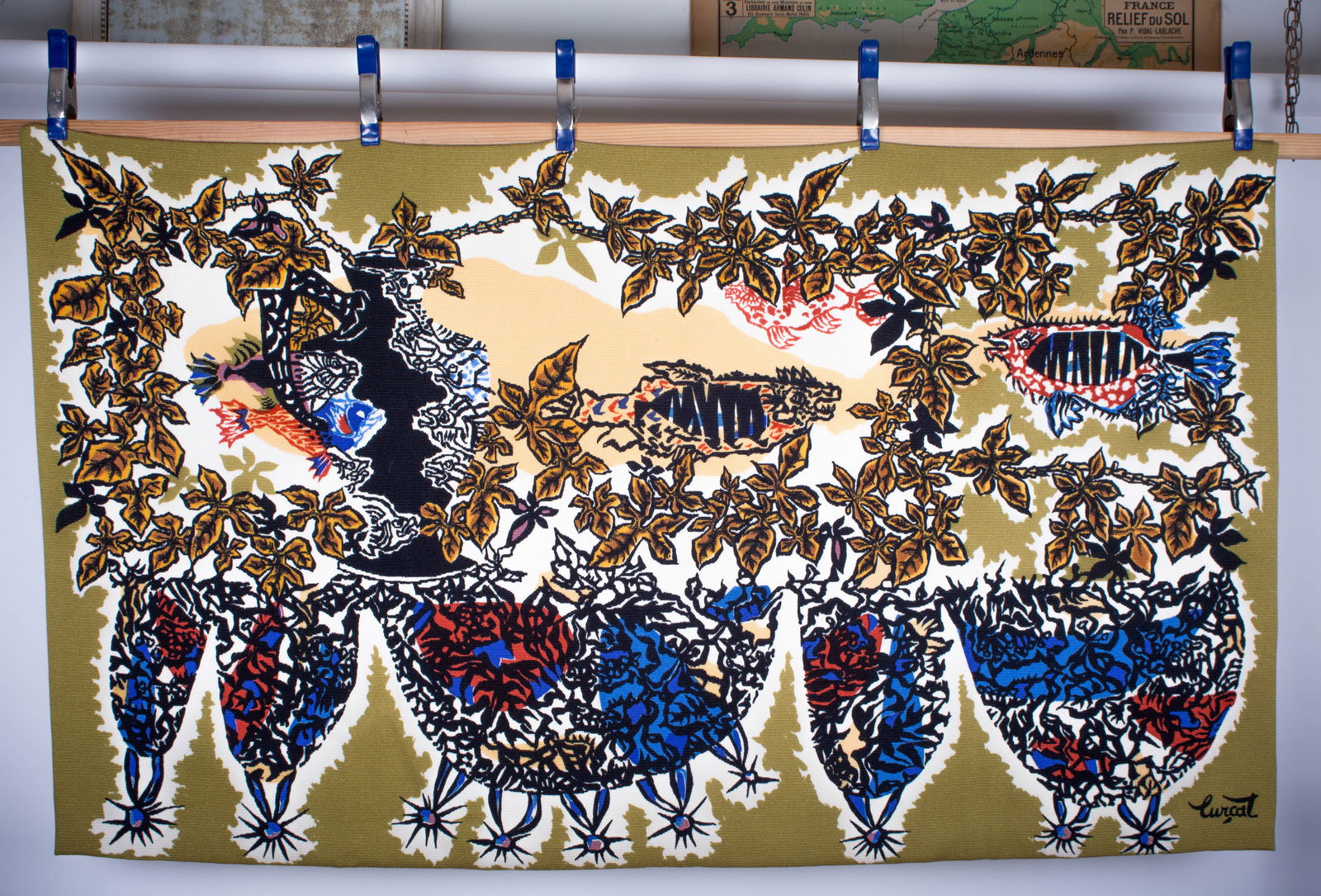 School of Fish -Aquarium Lurcat silkscreen tapestry Aubusson: Title: School of Fish -Aquarium Lurcat silkscreen tapestry Aubusson Description: This exquisite cotton tapestry, crafted in France during the 1950s, embodies the democratic spirit of the time, as it a
