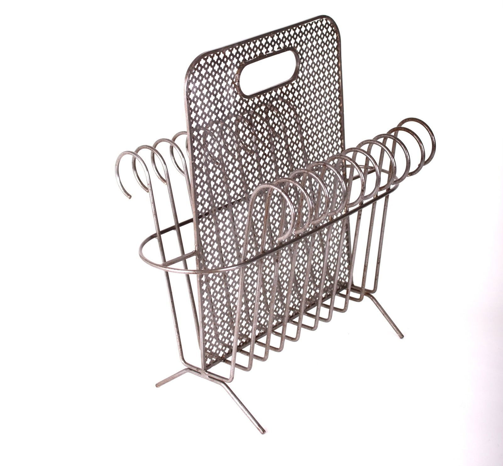 Mategot Magazine Rack French mid century: Title: Mategot Magazine Rack French mid century Description: French modernist magazine holder made in the 1950's by Mathieu Mategot , it is made with his trademark bent metal rigitulle adding