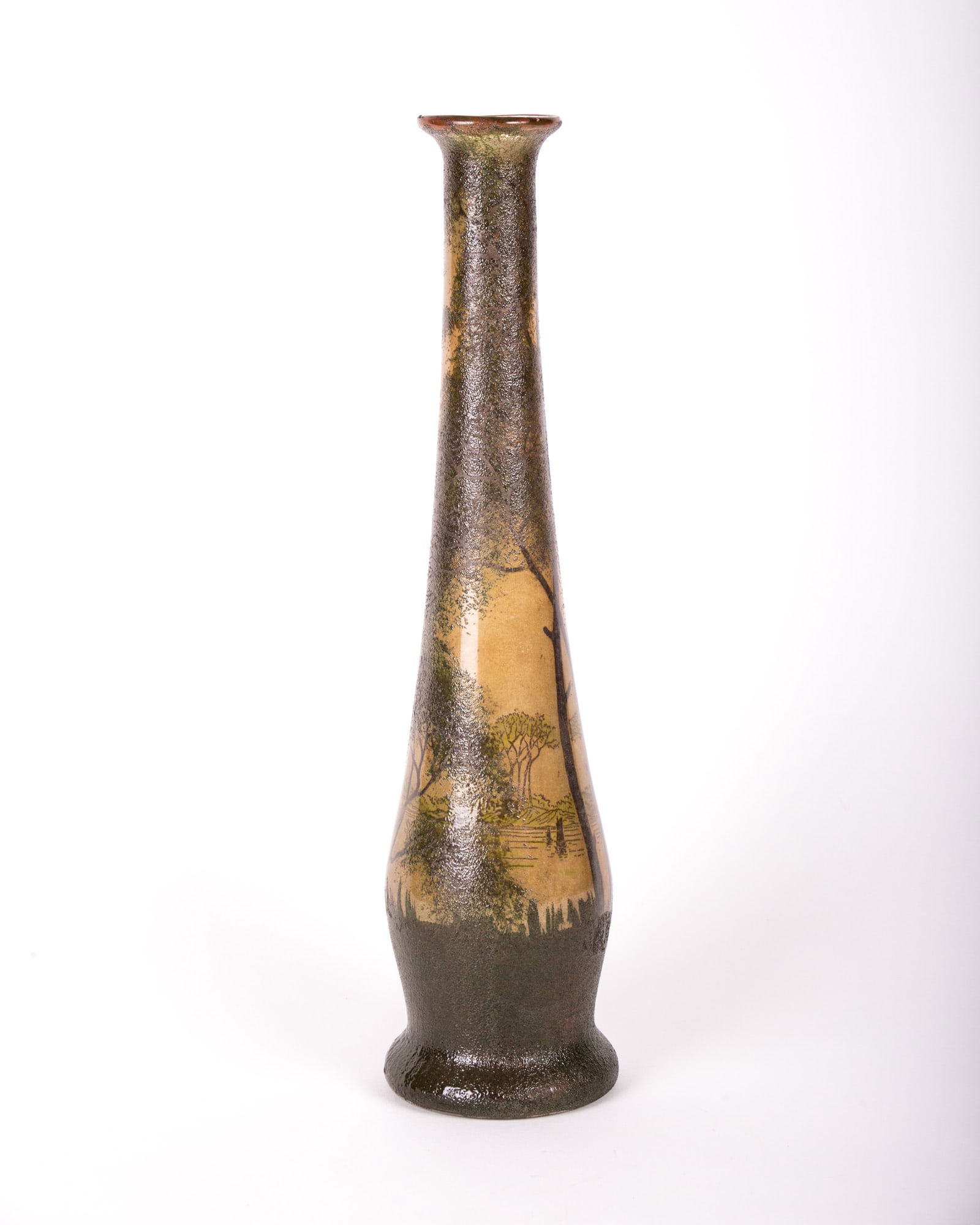 French art deco vase in the manner of legras (unsigned ): Title: French art deco vase in the manner of legras (unsigned ) Description: For more than 50 years, glassmaker August J.F. Legras worked in Saint-Denis, France. Legras produced acid cut-back cameo an