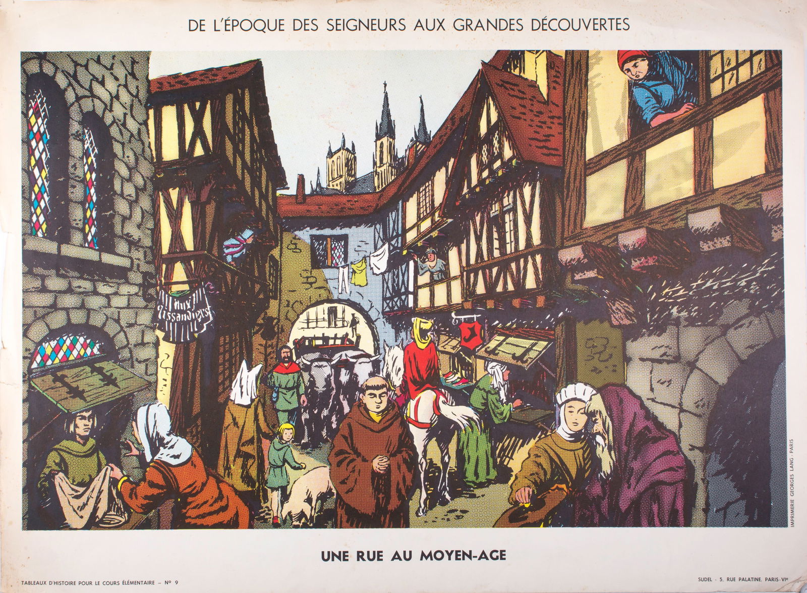 Vintage History French School Poster, Sudel , plate 9 and 13 double si: Title: Vintage History French School Poster, Sudel , plate 9 and 13 double si Description: Original educational history poster for elementary school, printed by the Imprimerie Georges Lang. Carries a