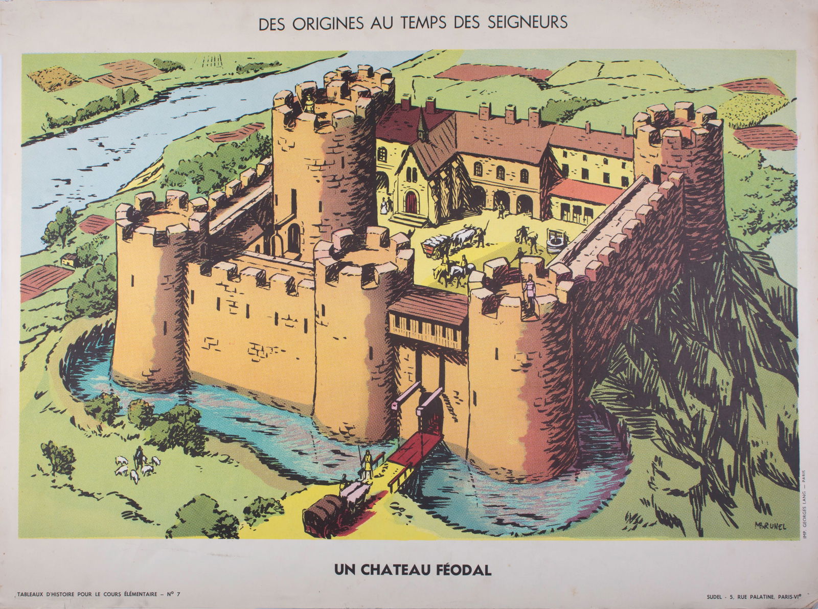 Vintage History french School Poster, Georges Lang 2 and 7 circa 1950: Title: Vintage History french School Poster, Georges Lang 2 and 7 circa 1950 Description: Original educational history poster for elementary school, printed by the Imprimerie Georges Lang. Carries a v