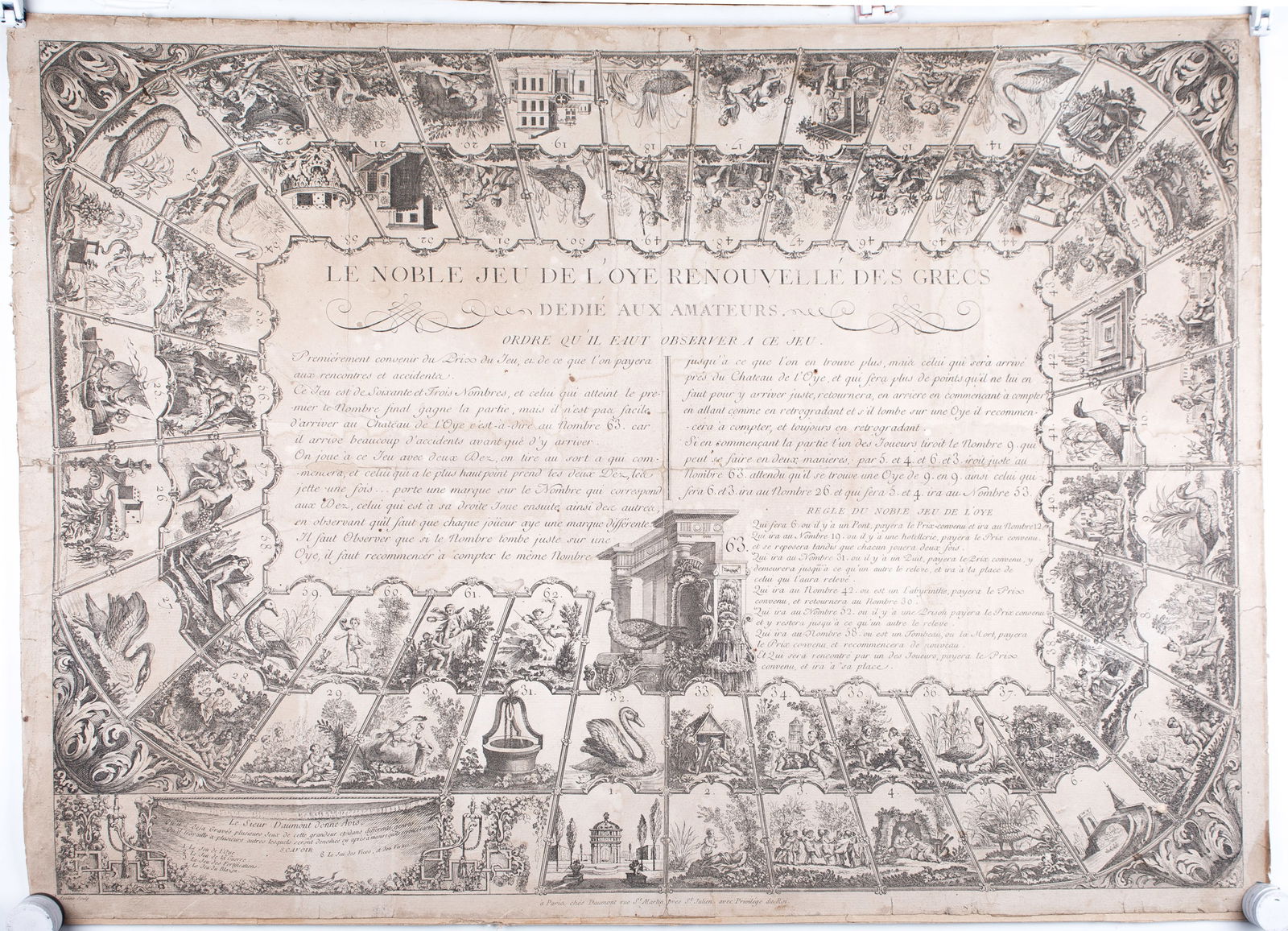French Jeu de L'oie/ Goose game 18th Jeu des Grecques: Title: French Jeu de L'oie/ Goose game 18th Jeu des Grecques Description: The Game of the Goose or Goose game is a board game where two or more players move pieces around a track by rolling one or