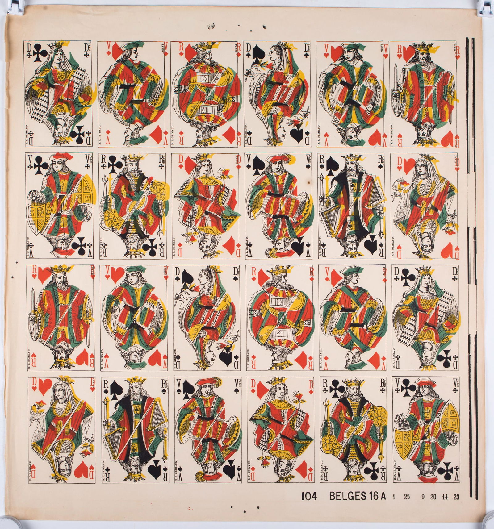 Uncut sheet playing card French suite Grimaud first run try out: Title: Uncut sheet playing card French suite Grimaud first run try out Description: French suite Grimaud without Joker . In France, the "fool " or joker officially appeared in card games in 1902, the
