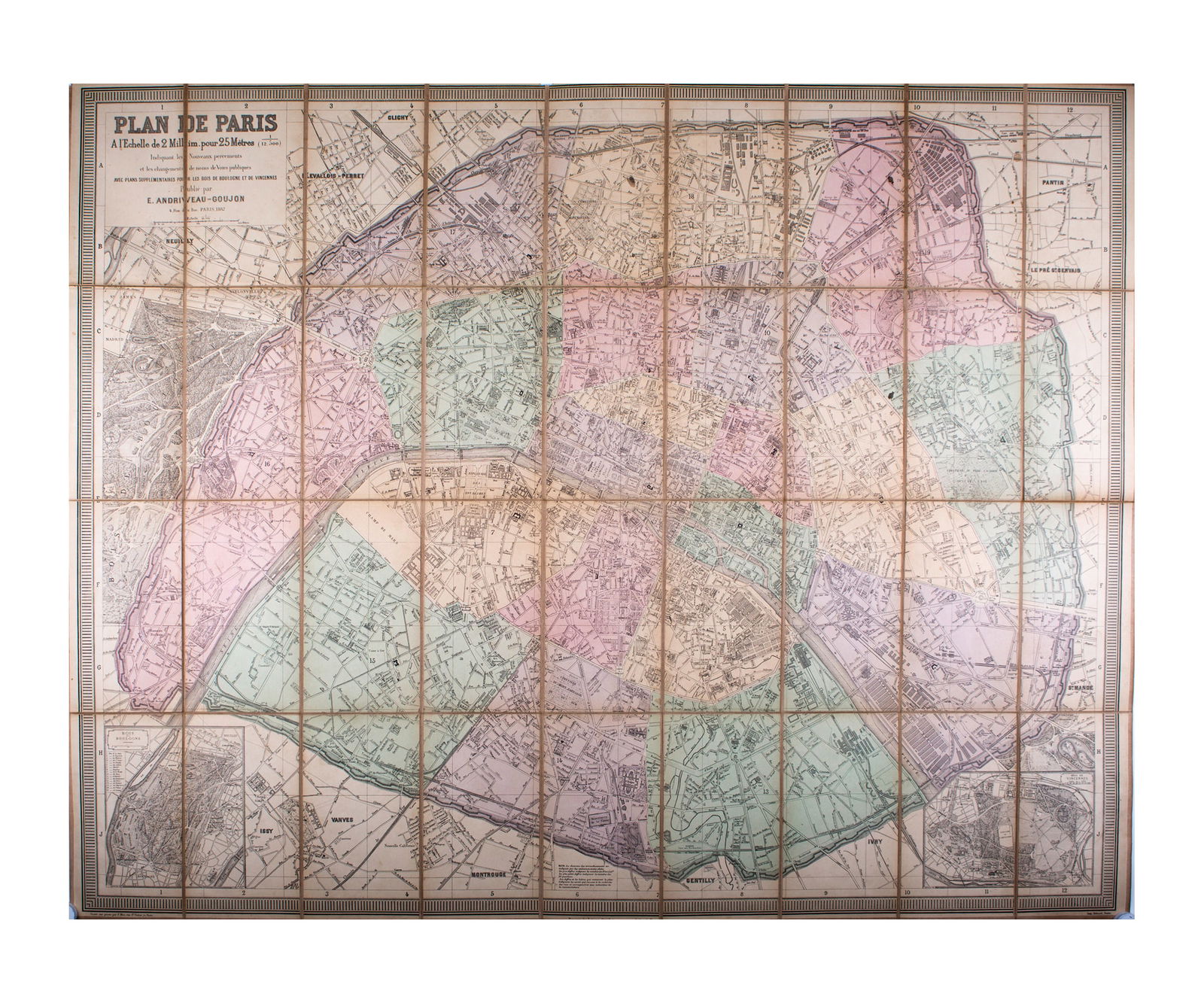 1882 Andriveau Goujon Folding Wall Map of Paris, France (1 of 6)