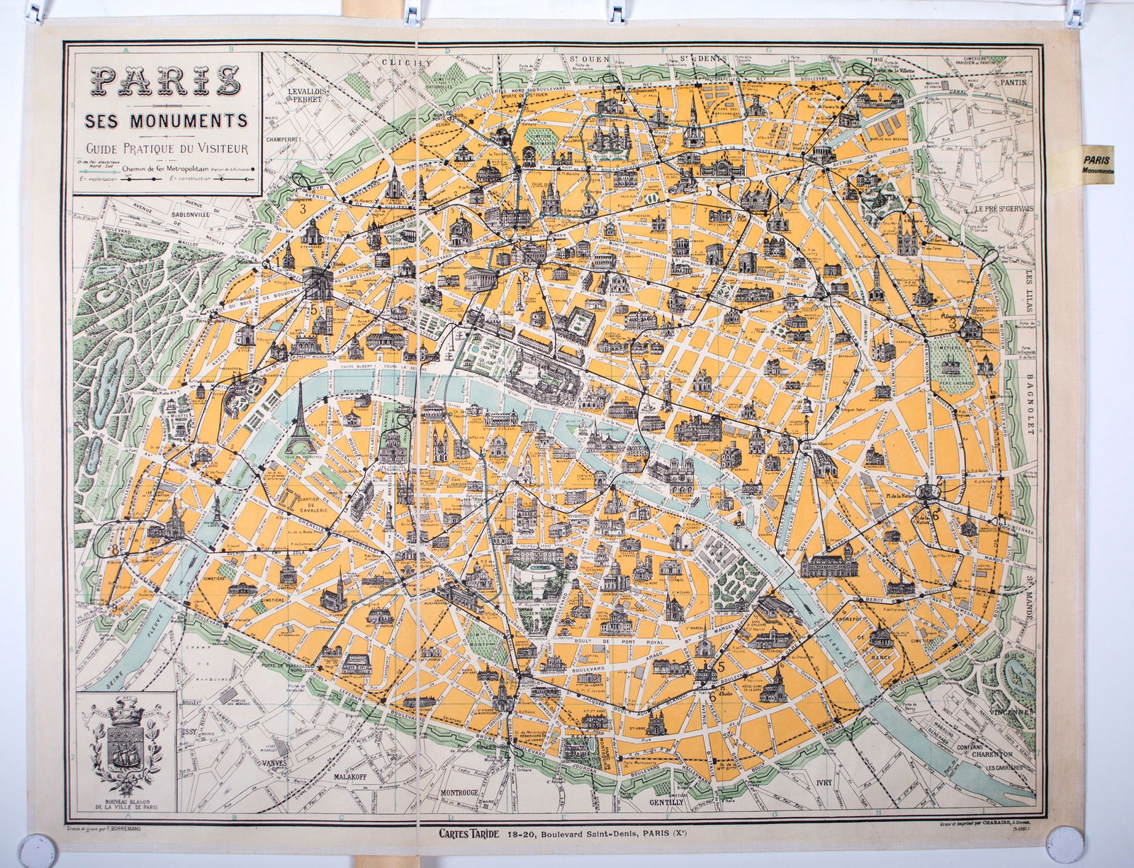 Paris monuments touristic map 1920 Taride linen backing - 2