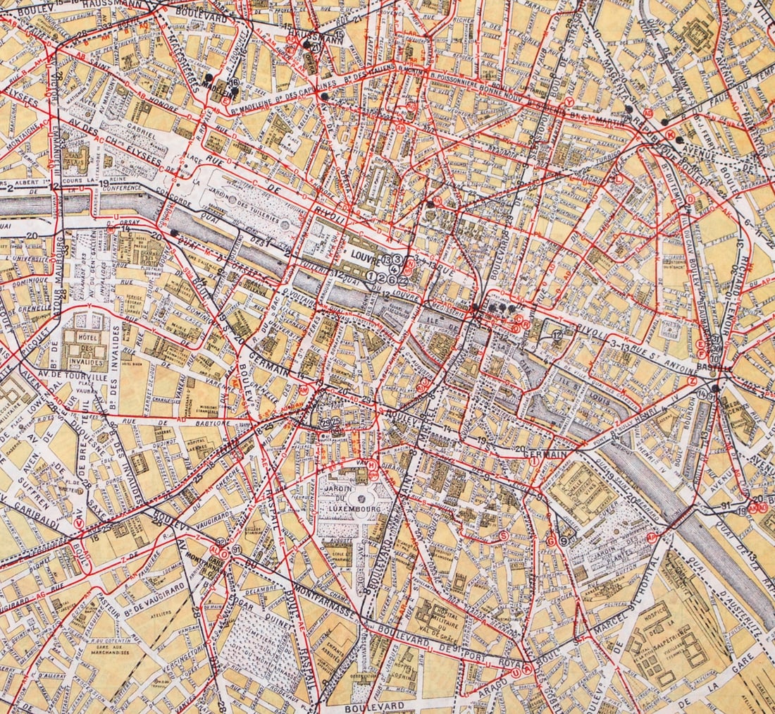 Large Paris Tramway/bus map lines 1920 Taride linen backing - 3