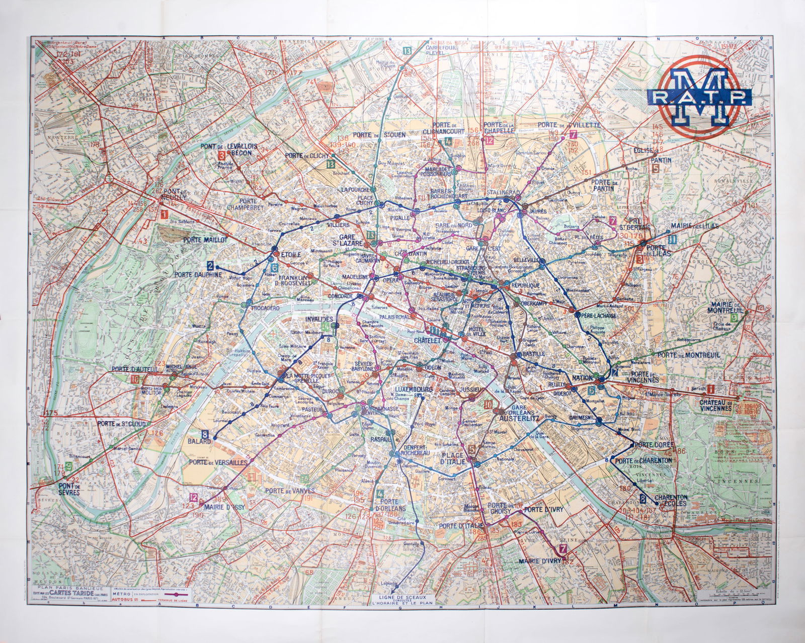 Large Paris subway map with numbered lines 1953 Tarride (1 of 5)