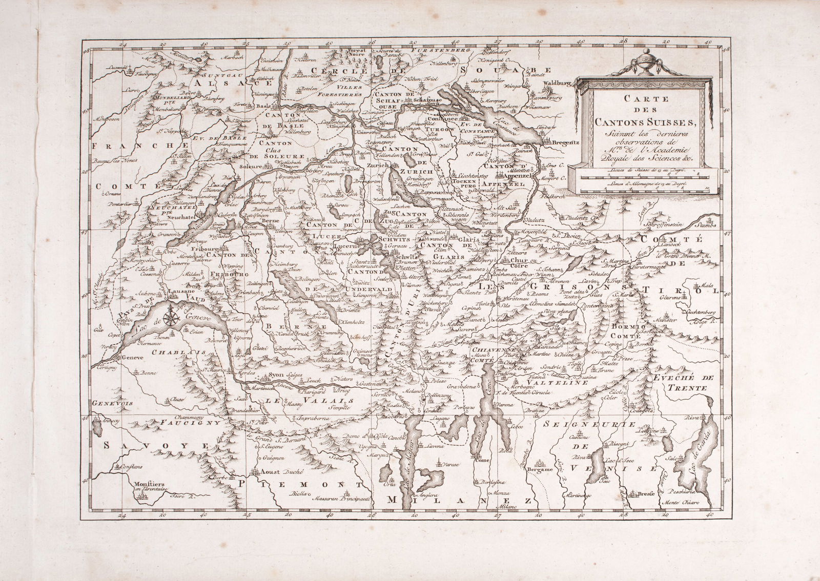 French map of Switzerland published by Bonne late 18th.: Title: French map of Switzerland published by Bonne late 18th. Description: Rigobert Bonne (6 October 1727 – 2 September 1794) work represents an important step in the evolution of the cartograp