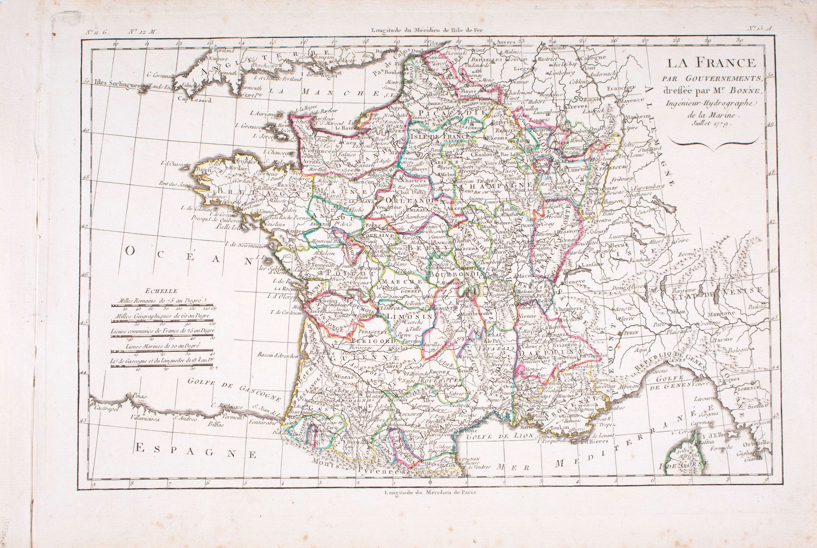 French map of France published by Bonne 1779: Title: French map of France published by Bonne 1779 Description: Rigobert Bonne (6 October 1727 – 2 September 1794) work represents an important step in the evolution of the cartographic ideolog