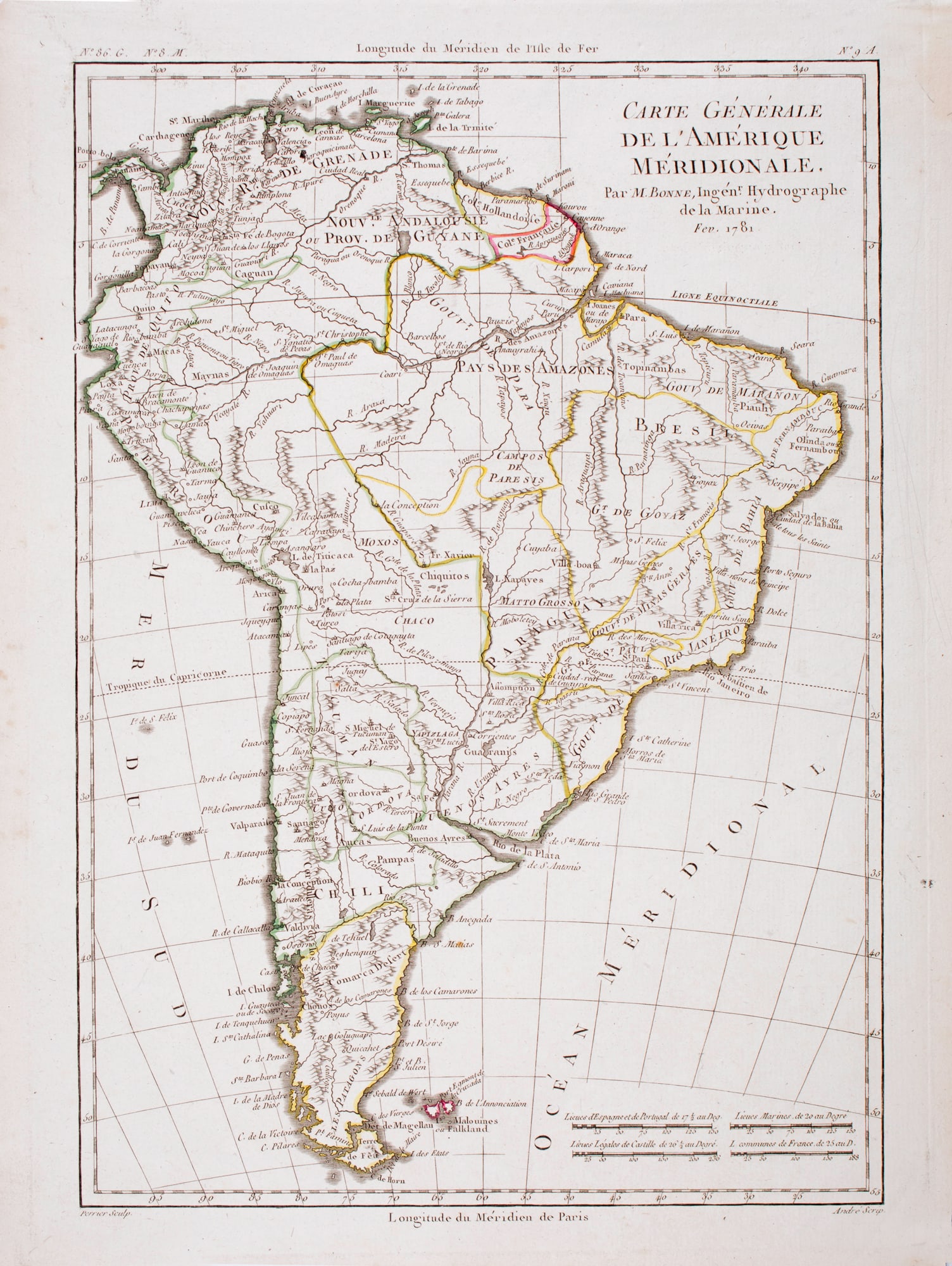 French map of South America published by Bonne 1781: Title: French map of South America published by Bonne 1781 Description: Rigobert Bonne (6 October 1727 – 2 September 1794) work represents an important step in the evolution of the cartographic