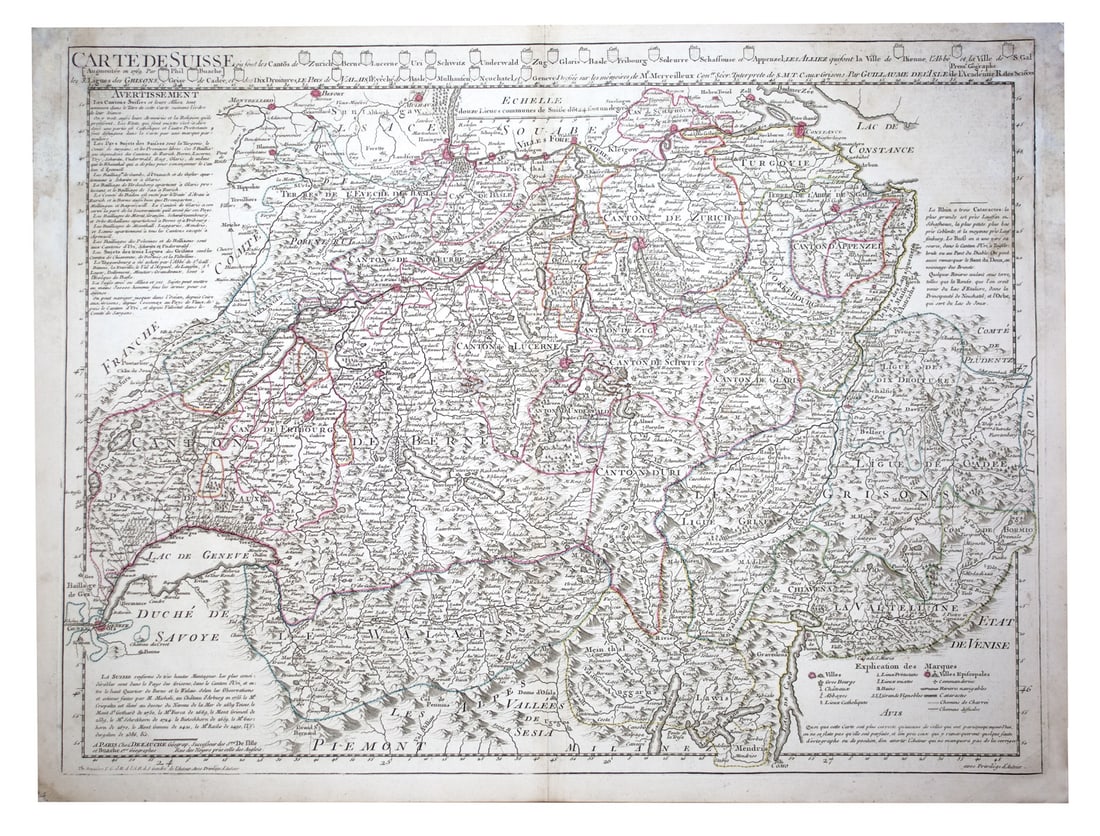 De L'Isle Philippe Buache Engraved cooper map of Switzerland 1769: Title: De L'Isle Philippe Buache Engraved cooper map of Switzerland 1769 Description: Important map of Guillaume de L'Isle corrected by Philippe Buache and edited by Dezauche in 1800 .This map is