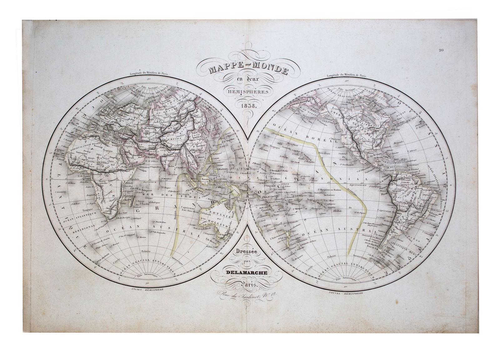 Antique Felix Delamarche Vaugondy Mappemonde Double hemisphere world map 1838 (1 of 4)