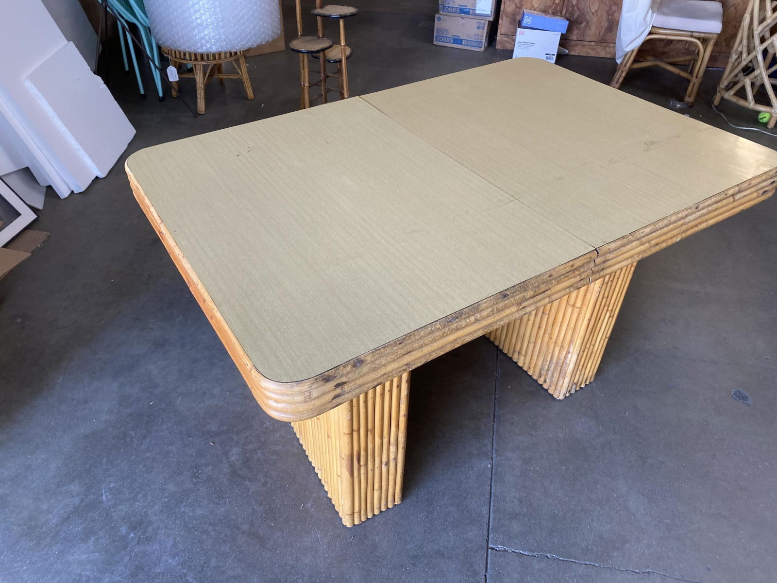 Restored Six-Person Rattan and Formica Dining Table with Vertically Stacked Base - 15
