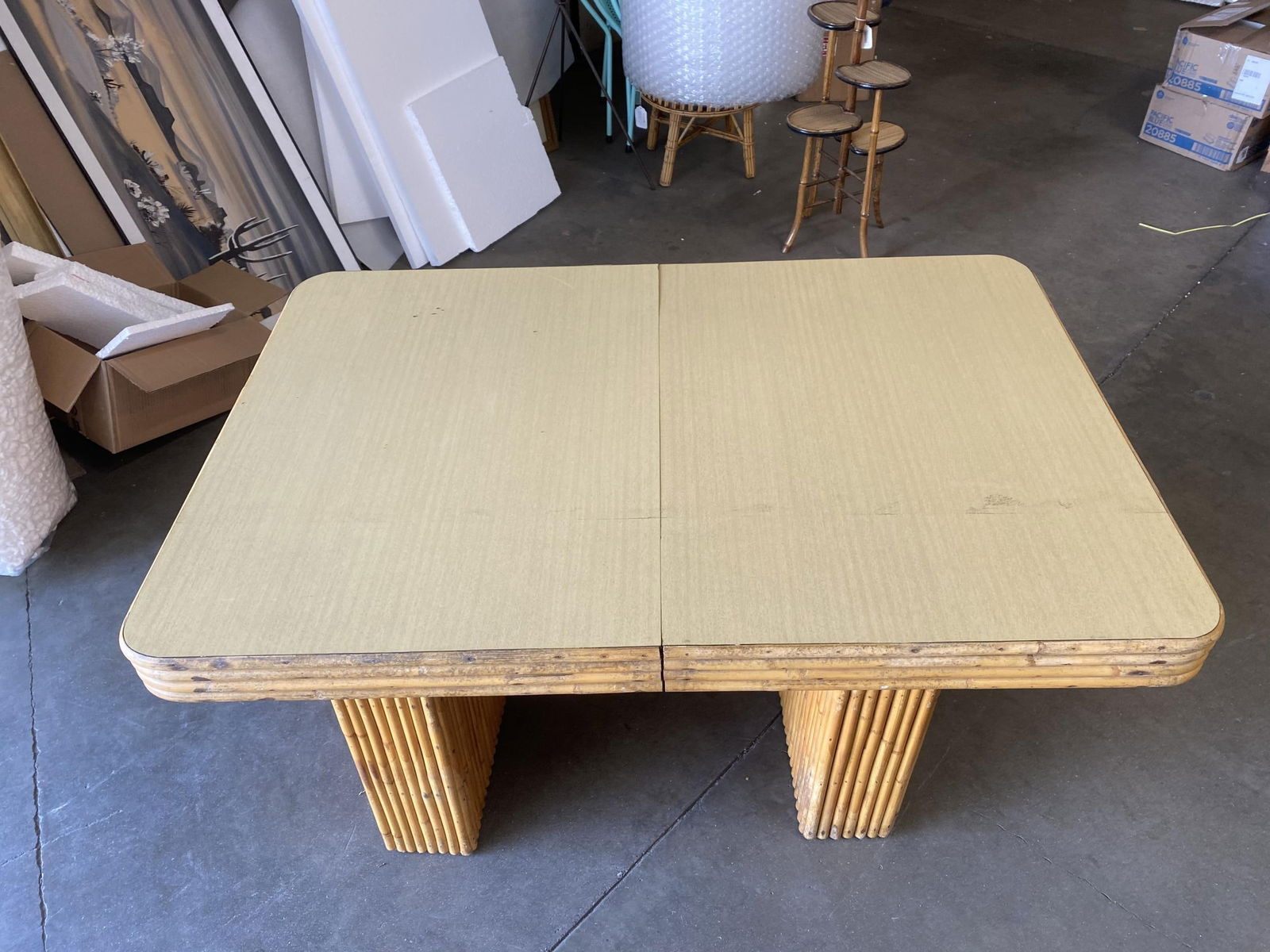 Restored Six-Person Rattan and Formica Dining Table with Vertically Stacked Base - 4