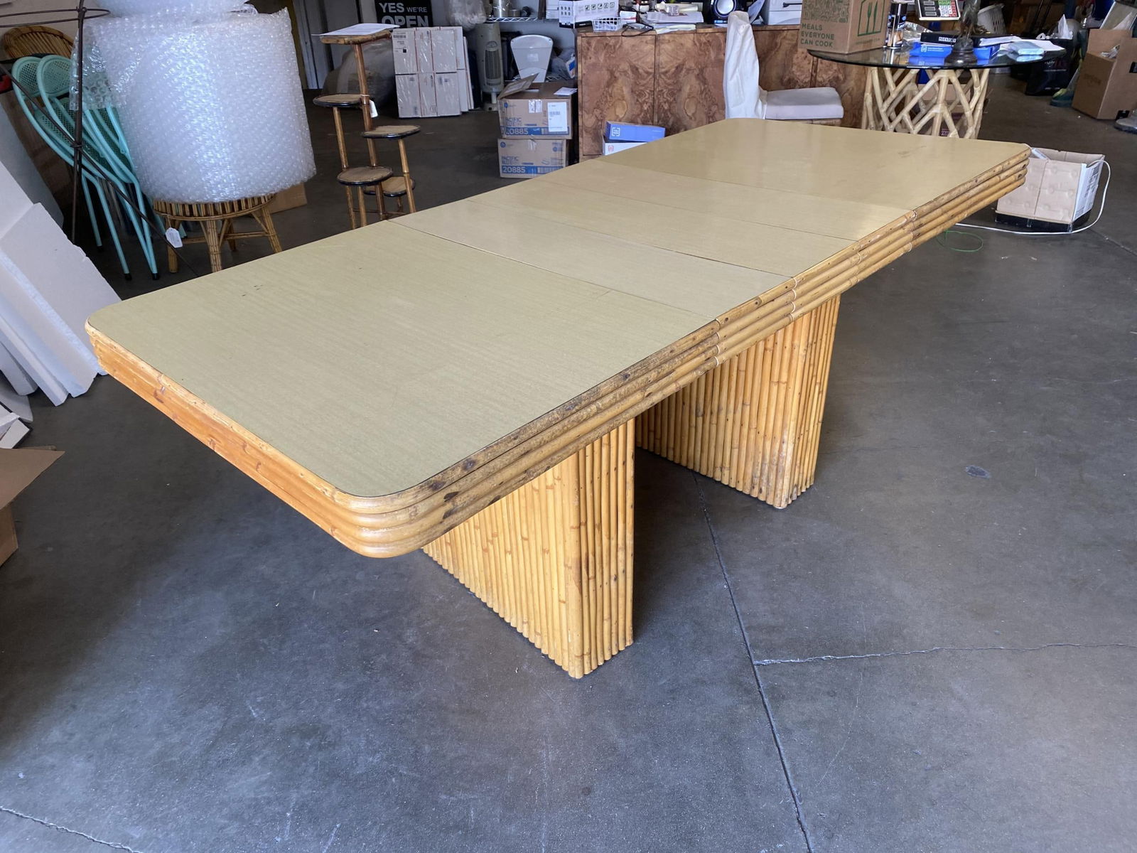 Restored Six-Person Rattan and Formica Dining Table with Vertically Stacked Base - 5