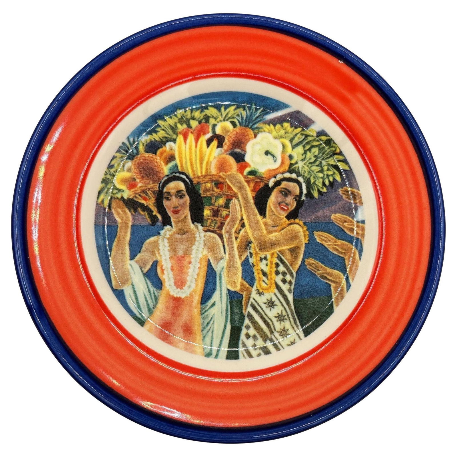 7.25" Eugene Savage "Island Feast" Red Salad Plate By Lynn Krantz Dish Books: Title: 7.25" Eugene Savage "Island Feast" Red Salad Plate By Lynn Krantz Dish Books Description: Hawaiiana Ware 7.25'' ceramic serving plate featuring the "Island Feast" by artist Eugene Savage, by Ho