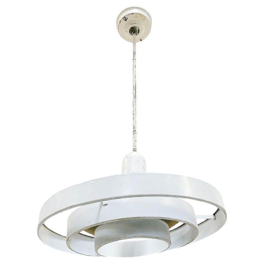 Mid-Century Saturn Ceiling Steel 20" Hooded Pendant by Kurt Versen, 6 Available: Title: Mid-Century Saturn Ceiling Steel 20" Hooded Pendant by Kurt Versen, 6 Available Description: Kurt Versen designed "Saturn" ceiling light featuring a stacked steel ring light shade with a hood s
