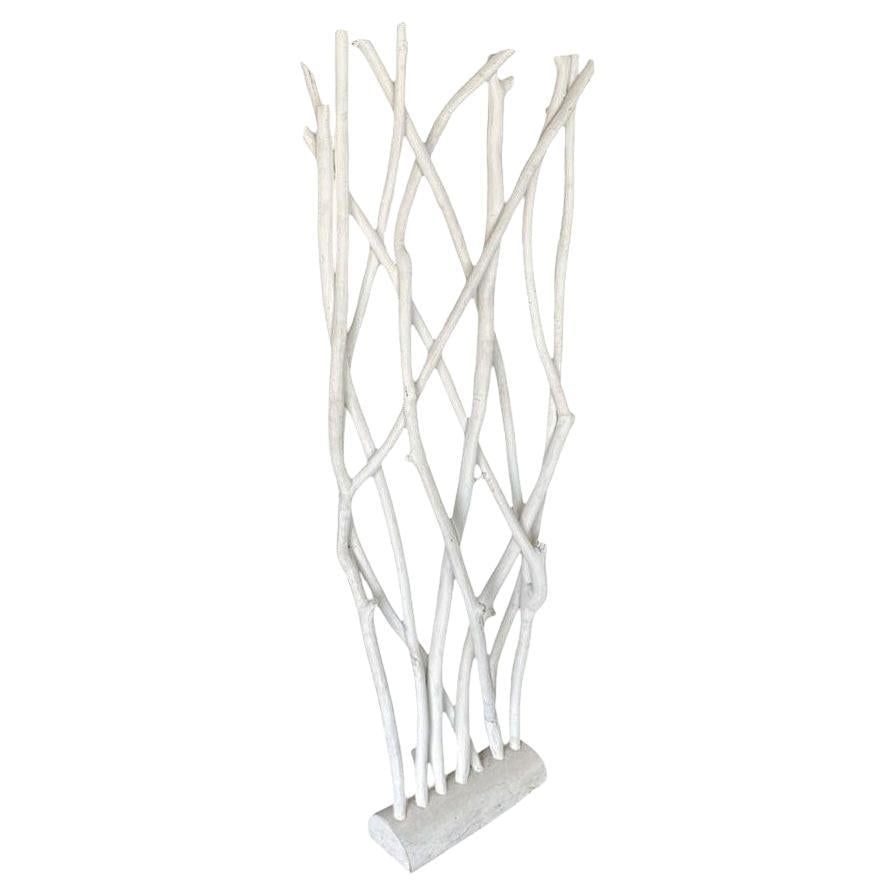 White Modernist Driftwood Floor Sculpture Room Divider: Title: White Modernist Driftwood Floor Sculpture Room Divider Description: White painted modernist driftwood floor sculpture featuring 10 driftwood strands fixed to a driftwood base. Dimensions: 70"