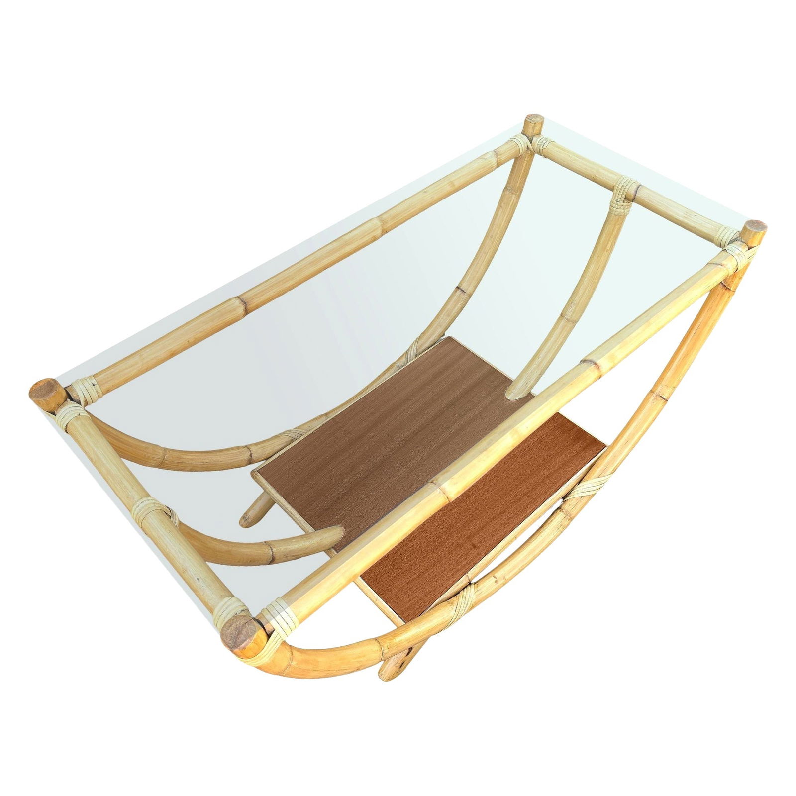 Restored Rattan Boat Shaped Coffee Table with Mahogany Shelf: Title: Restored Rattan Boat Shaped Coffee Table with Mahogany Shelf Description: Restored rattan and mahogany coffee table featuring a unique boat-shaped design and a clear glass top. The rich wood to