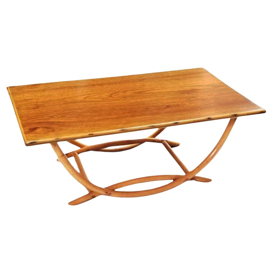 Restored Mid-century Rattan Coffee Table w/ Arched Legs & Mahogany Top - 2