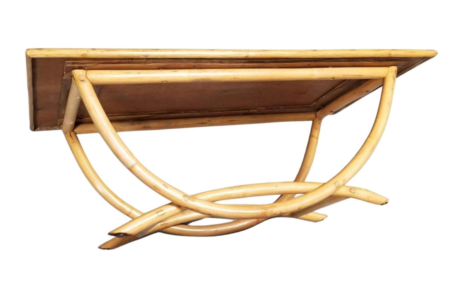 Restored Mid-century Rattan Coffee Table w/ Arched Legs & Mahogany Top - 3