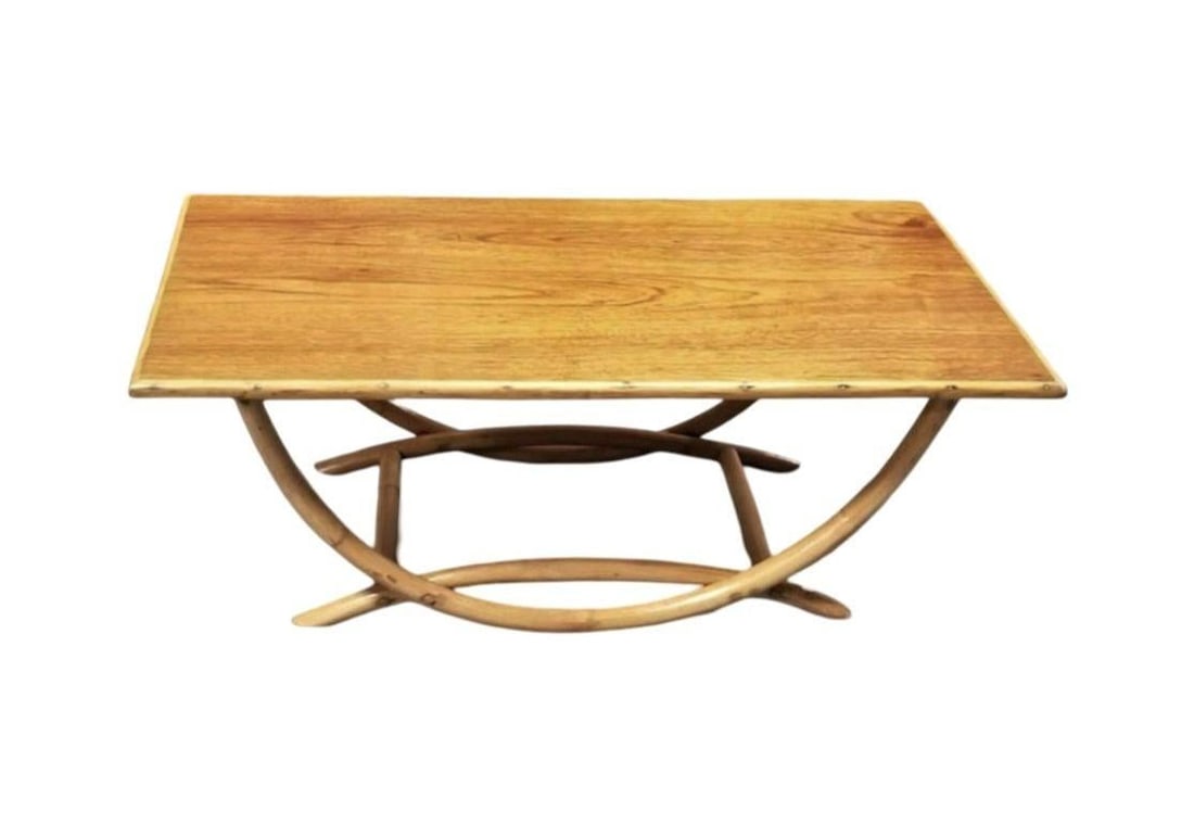 Restored Mid-century Rattan Coffee Table w/ Arched Legs & Mahogany Top - 4