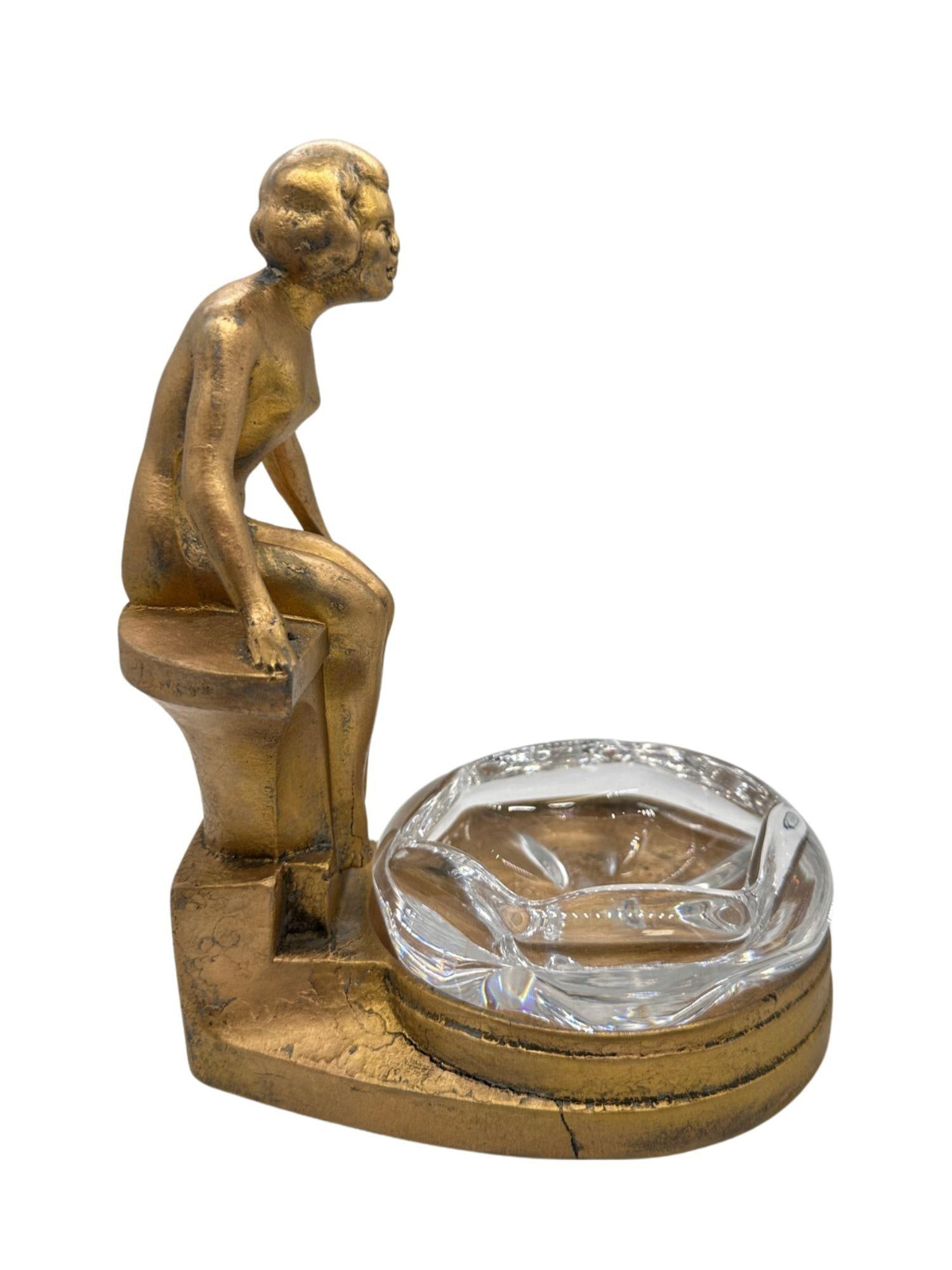 Art Deco Nude Woman Seated at Pool Bronze & Crystal Sculpter Ashtray by Nuart - 10