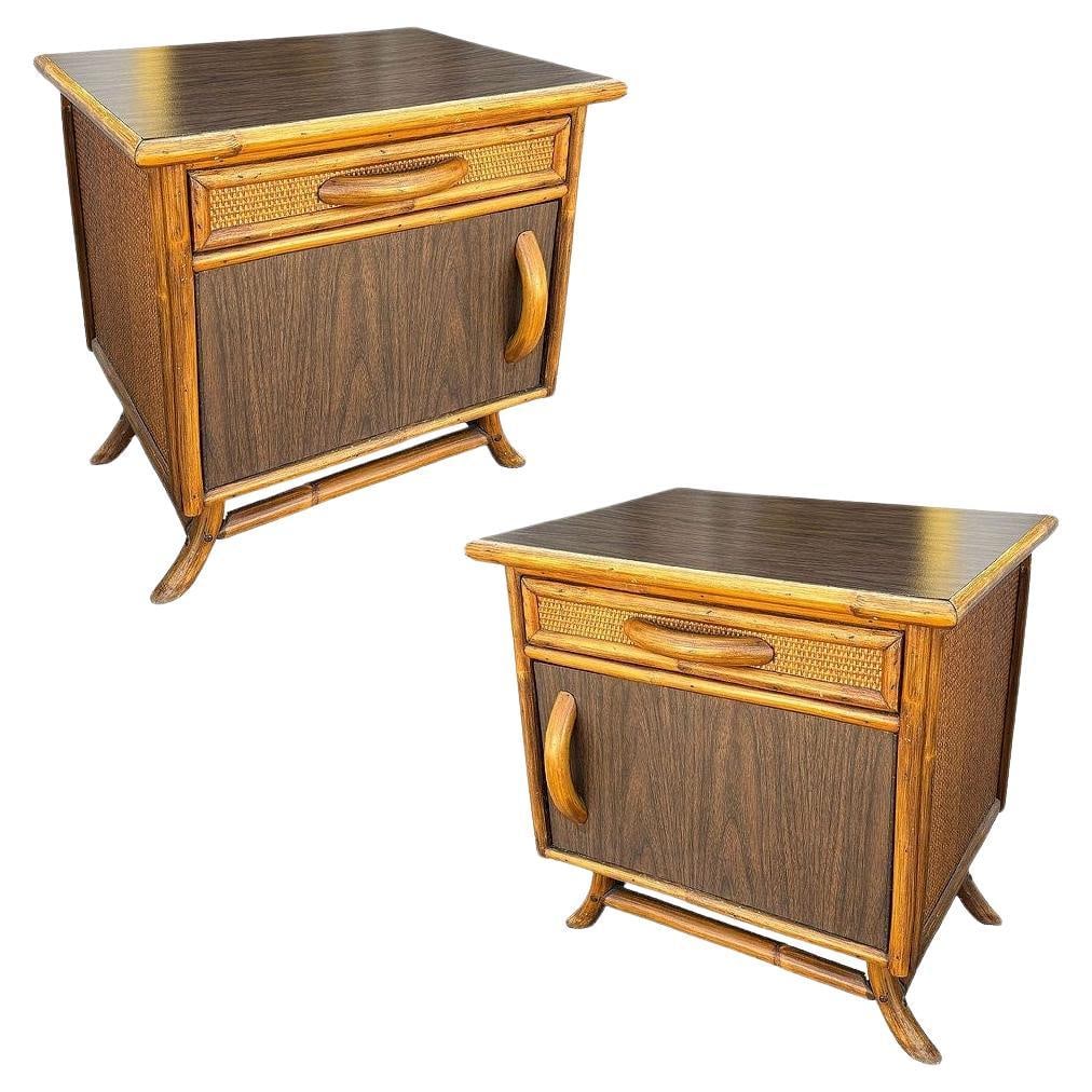 Restored James Mont Styles Rattan & Woven Wicker Bedside Table, Pair: Title: Restored James Mont Styles Rattan & Woven Wicker Bedside Table, Pair Description: Pair of James Mont styled Mid-century rattan nightstands with woven sides and Formica tops each featuring ratta