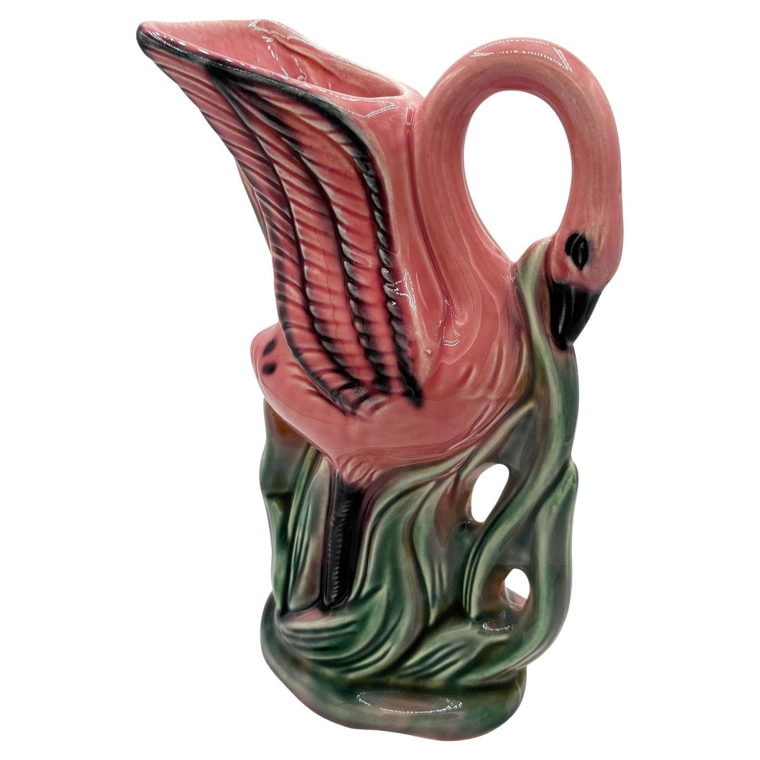Mid-century Pink & Green Flamingo Tropical Water Pitcher by Royal Copley: Title: Mid-century Pink & Green Flamingo Tropical Water Pitcher by Royal Copley Description: Mid-century pink and green ceramic flamingo Pitcher by Royal Copley. The pitcher features a beautifully det