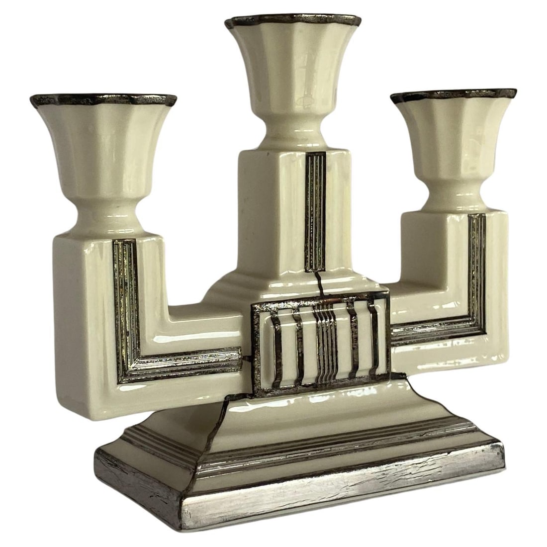 Stepped Art Deco Candelabra with Sterling Silver Overlay by Lenox: Title: Stepped Art Deco Candelabra with Sterling Silver Overlay by Lenox Description: Stepped Art Deco ceramic candelabra with sterling silver overlay by Lenox. Circa 1930. Reserve: $750.00 Shipping: