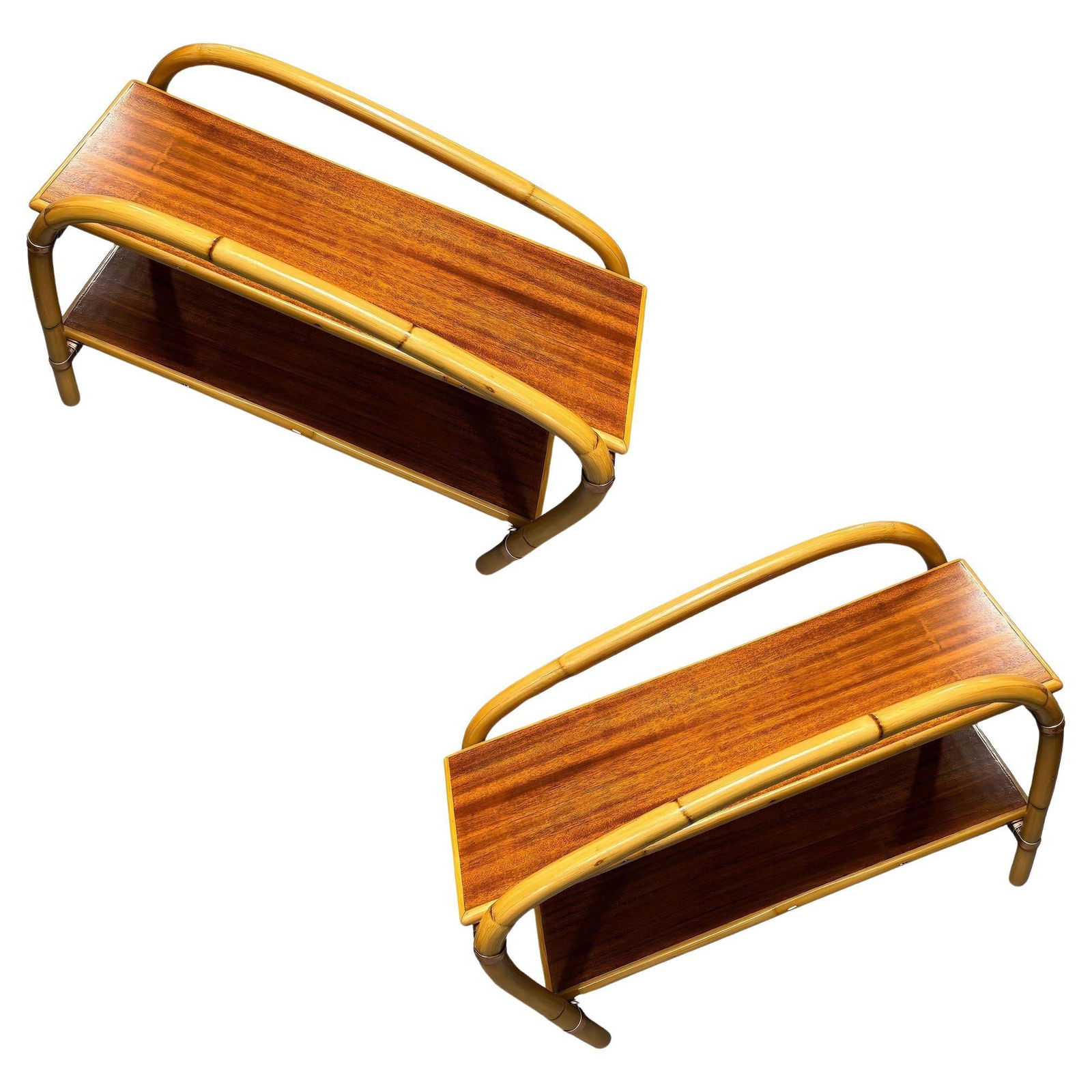 Rattan & Mahogany Double Arch "Tropitan" 2-Tier Side Table by Ritts, Pair: Title: Rattan & Mahogany Double Arch "Tropitan" 2-Tier Side Table by Ritts, Pair Description: Pair of mid-century one-strand two-tier Double Arch rattan side tables with Mahogany tops part of the