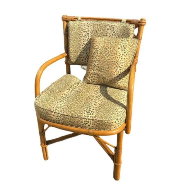 Restored Mid-century Rattan Dining Table & Chairs w/ Leopard Print Cushions - 11