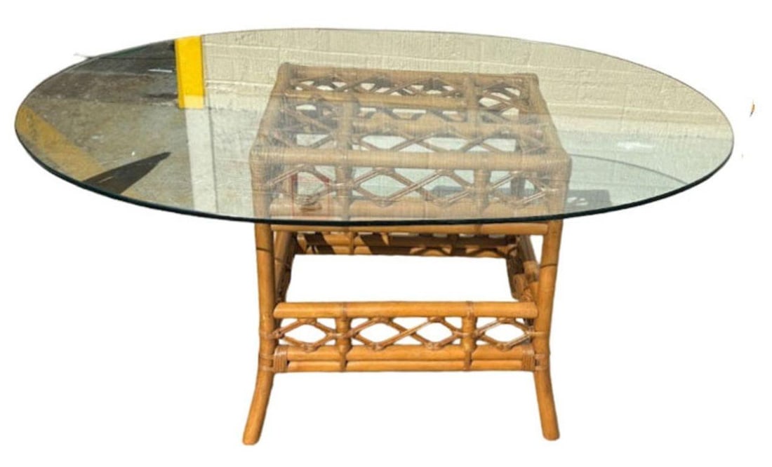 Restored Mid-century Rattan Dining Table & Chairs w/ Leopard Print Cushions - 4