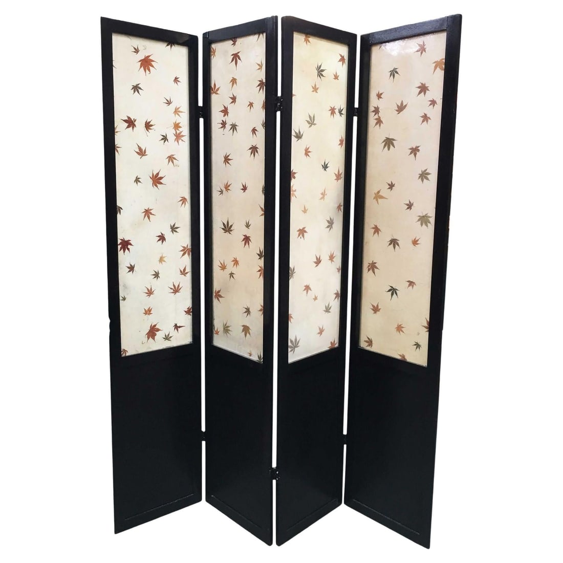 Black Lacquer Folding Screen w/ Fiberglass Maple Leaf Inserts: Title: Black Lacquer Folding Screen w/ Fiberglass Maple Leaf Inserts Description: Black lacquer folding room divider screen with 4 panels each 63" Tall by 19.5" wide. Each panel features unique hand-c