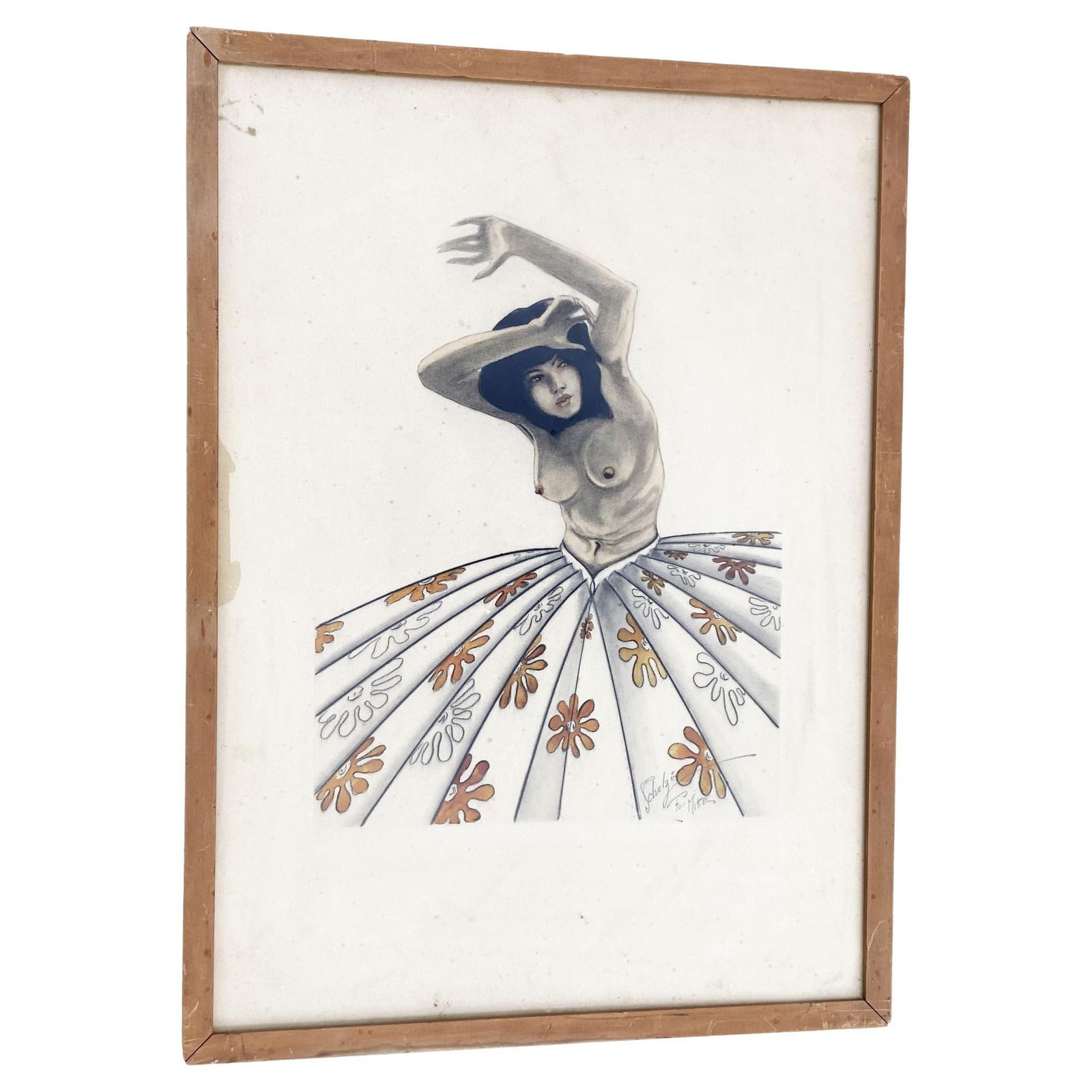 Post War Tropical Nude Color Pencil Drawling Signed Schultz - 2