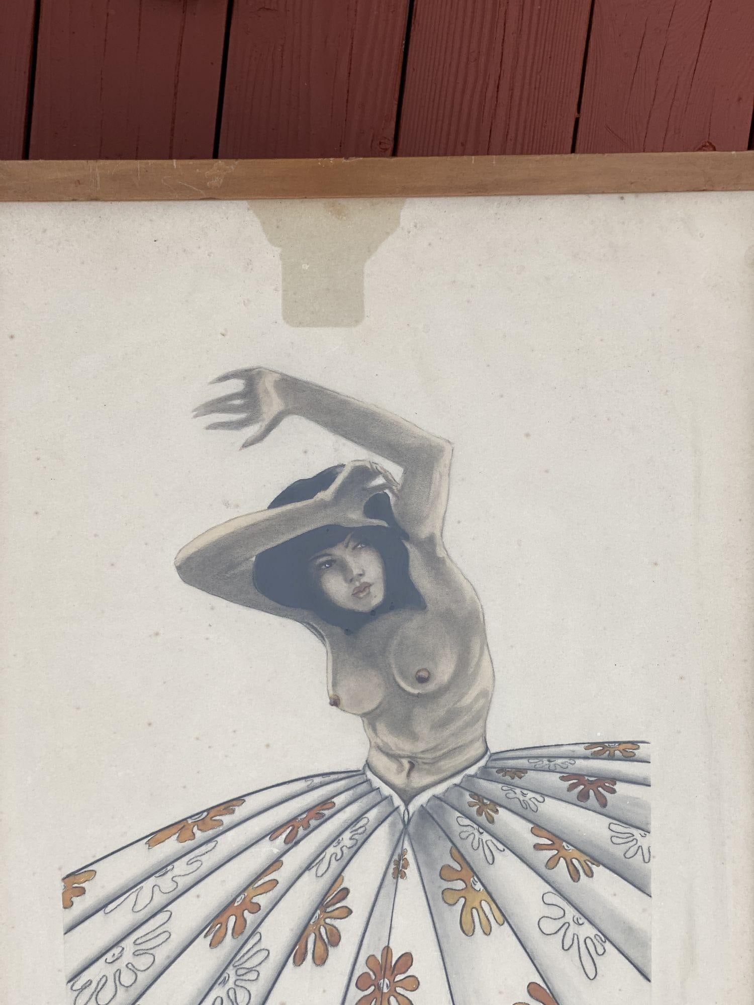 Post War Tropical Nude Color Pencil Drawling Signed Schultz - 3
