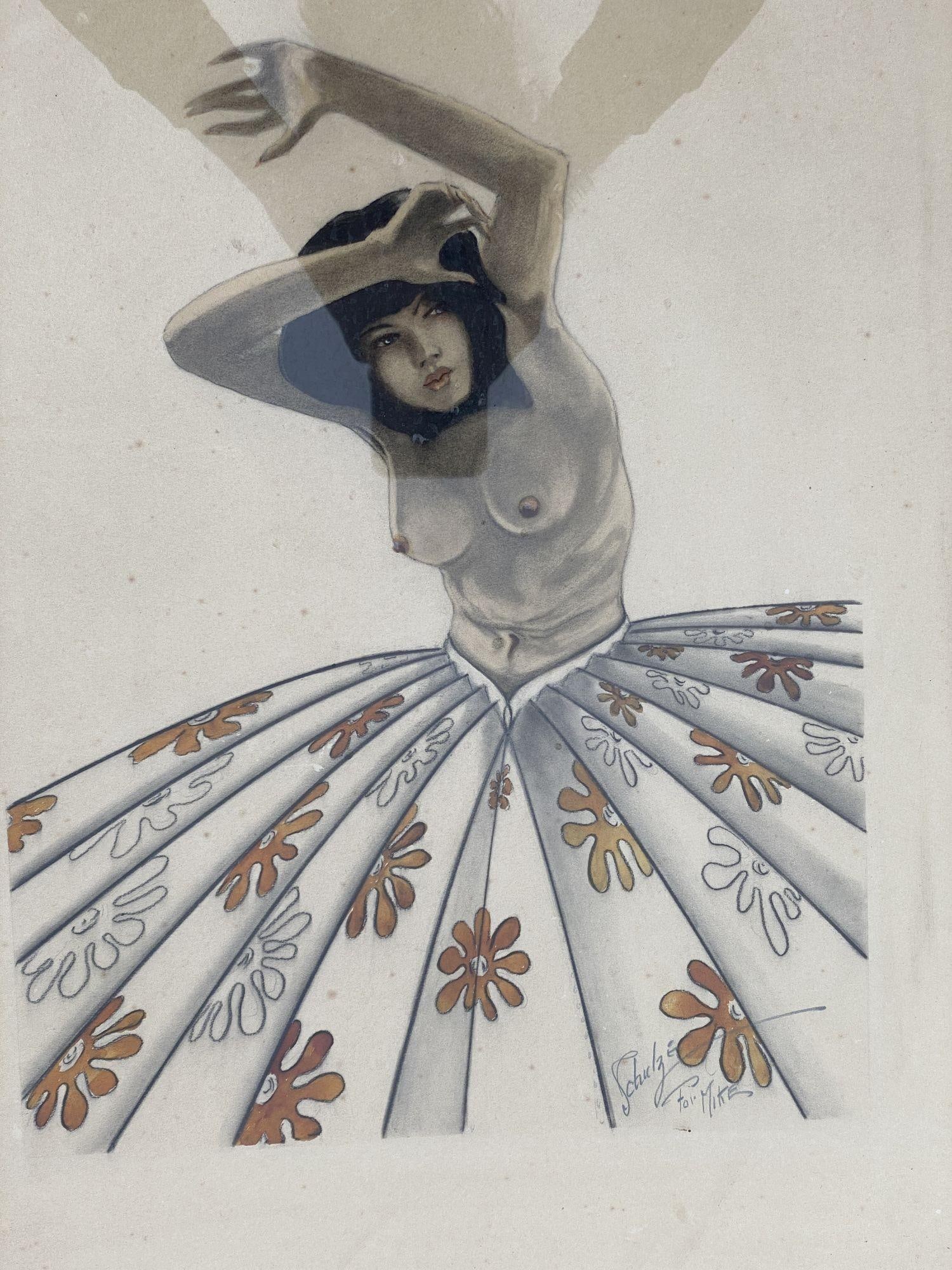 Post War Tropical Nude Color Pencil Drawling Signed Schultz - 4