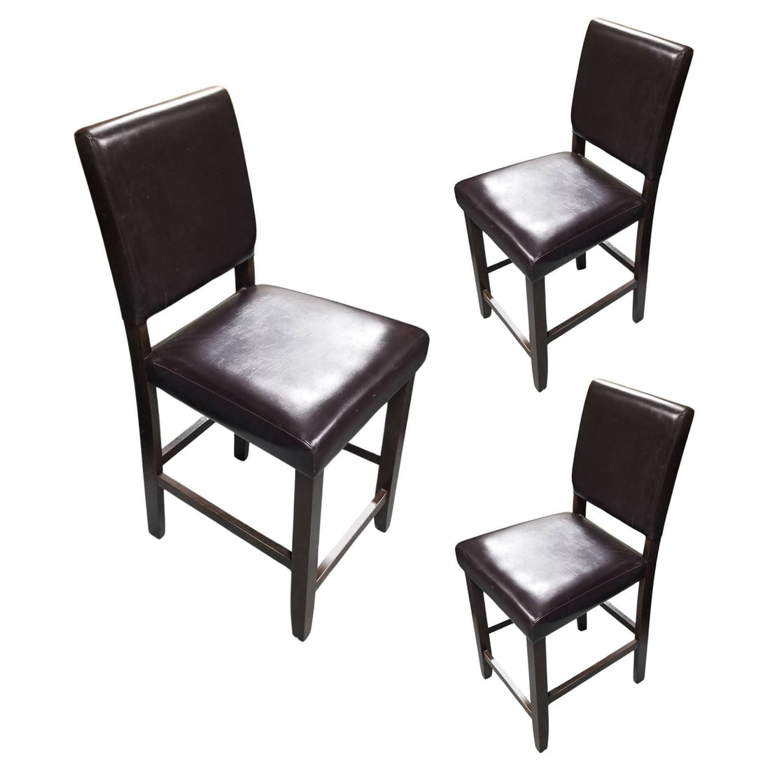 Dark Brown Leather Counter Bar Stool Set of 3: Title: Dark Brown Leather Counter Bar Stool Set of 3 Description: Elevate your kitchen or bar area with this stylish set of three chocolate brown leather modern bar or counter stools. These sleek and