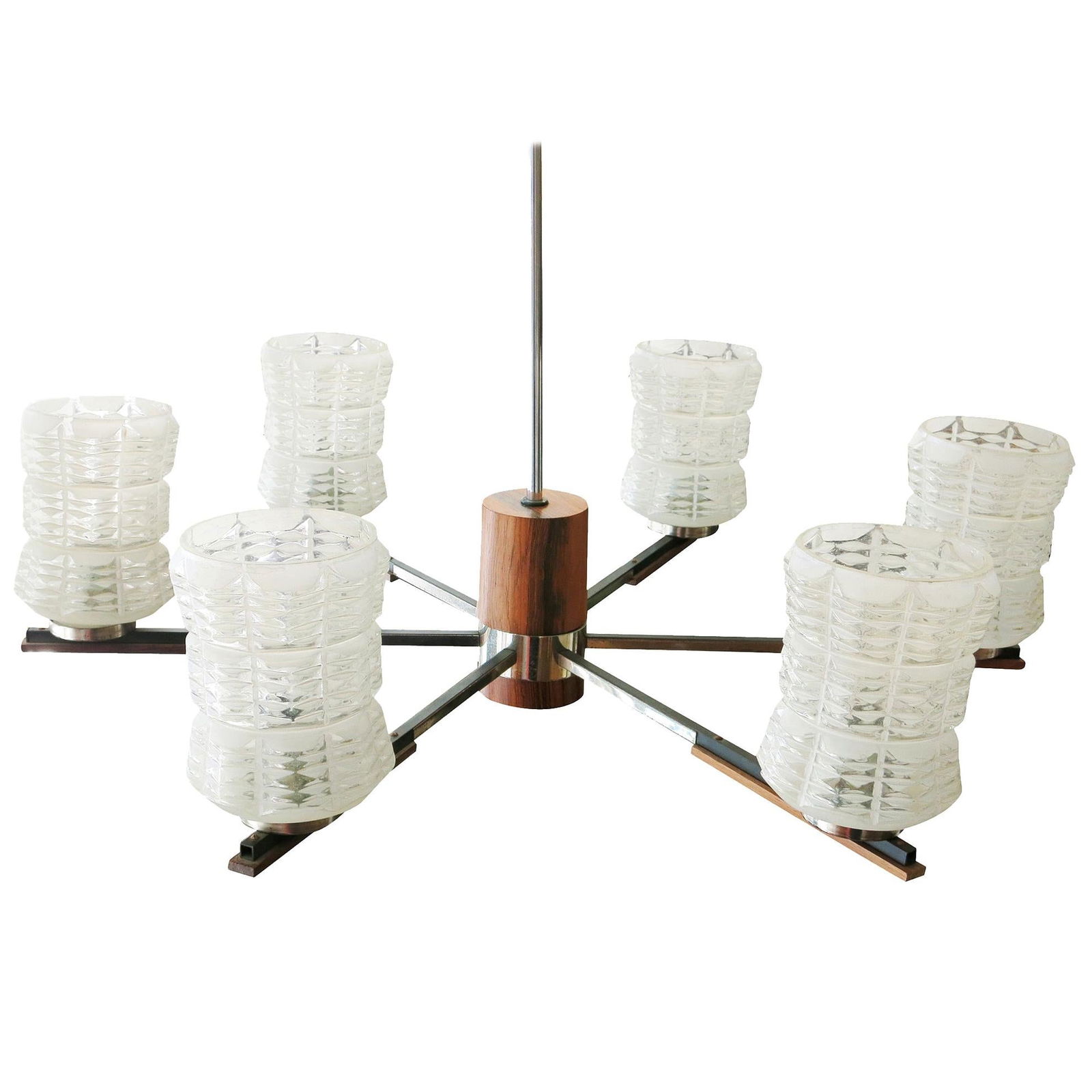 Italian Sputnik Chandelier in Rosewood Chrome with Glass Shades: Title: Italian Sputnik Chandelier in Rosewood Chrome with Glass Shades Description: Italian Mid-century Sputnik chandelier with chrome arms and rosewood accents, circa 1960. Each arm holds a frosted g