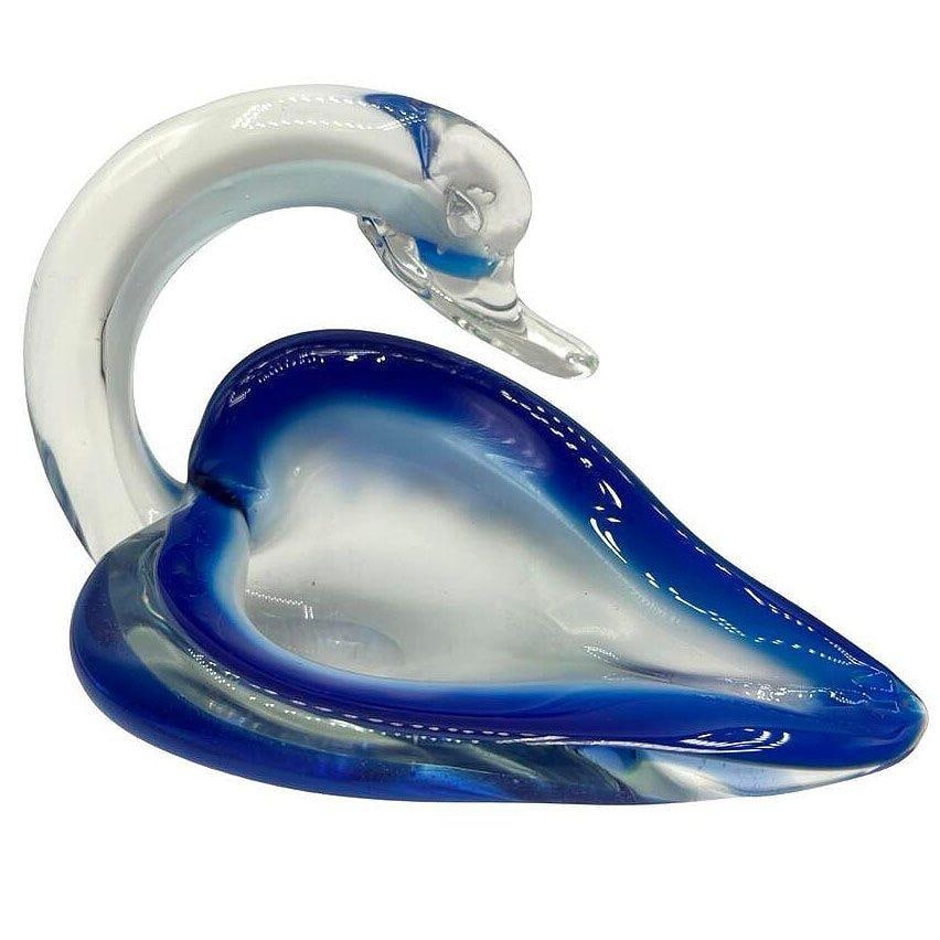 Hand Blown Blue & Transparent Murano Art Glass Swan Ring Tray - 8